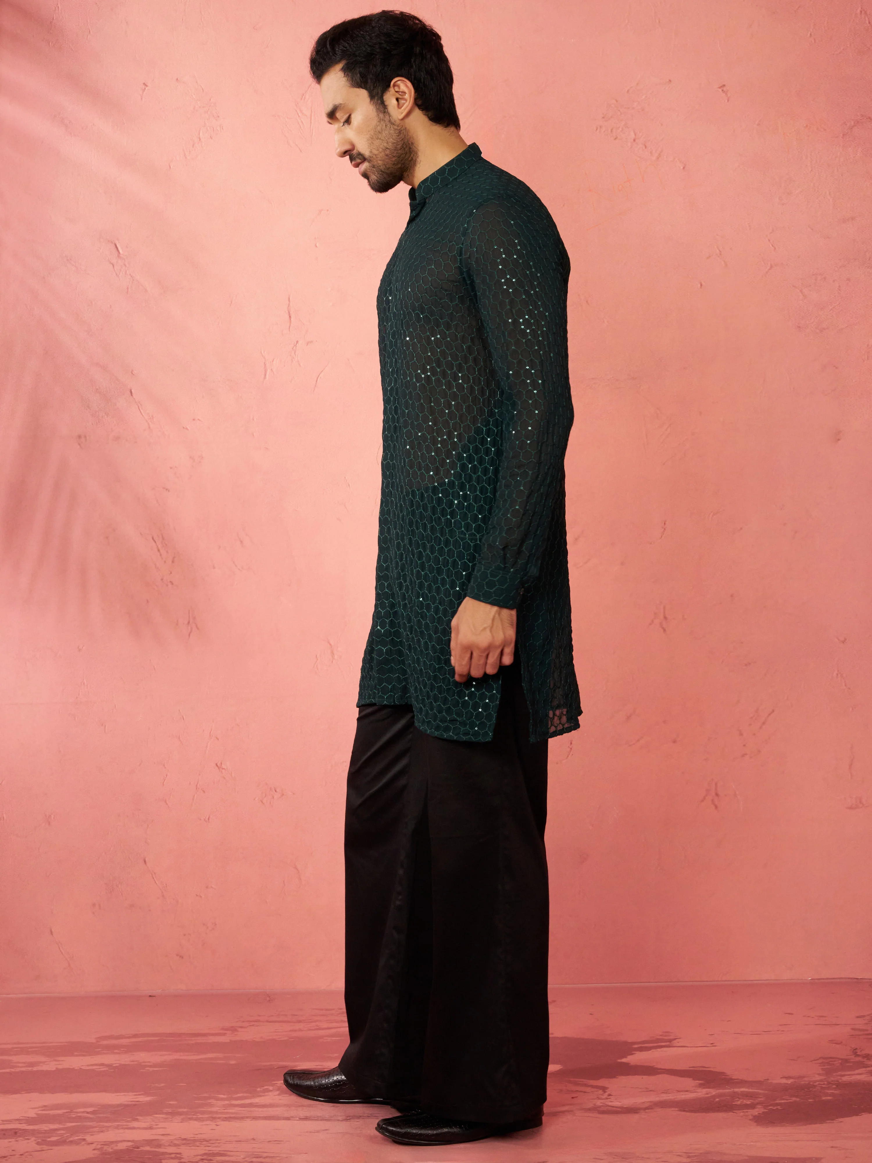 Men's Bottle Green Georgette Embroidered Kurta with Black Satin Palazzo Pant Set - Image 4