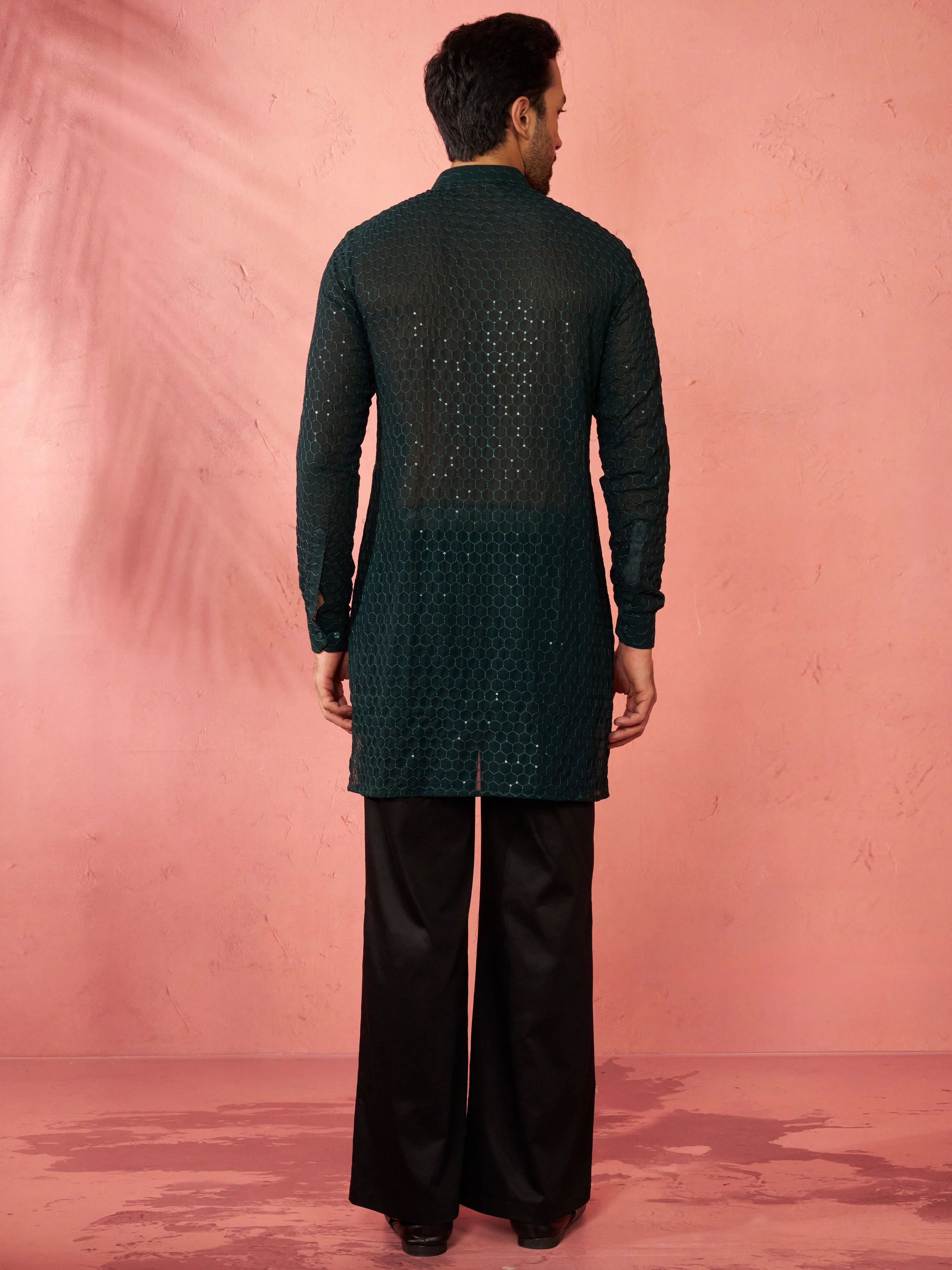 Men's Bottle Green Georgette Embroidered Kurta with Black Satin Palazzo Pant Set - Image 5