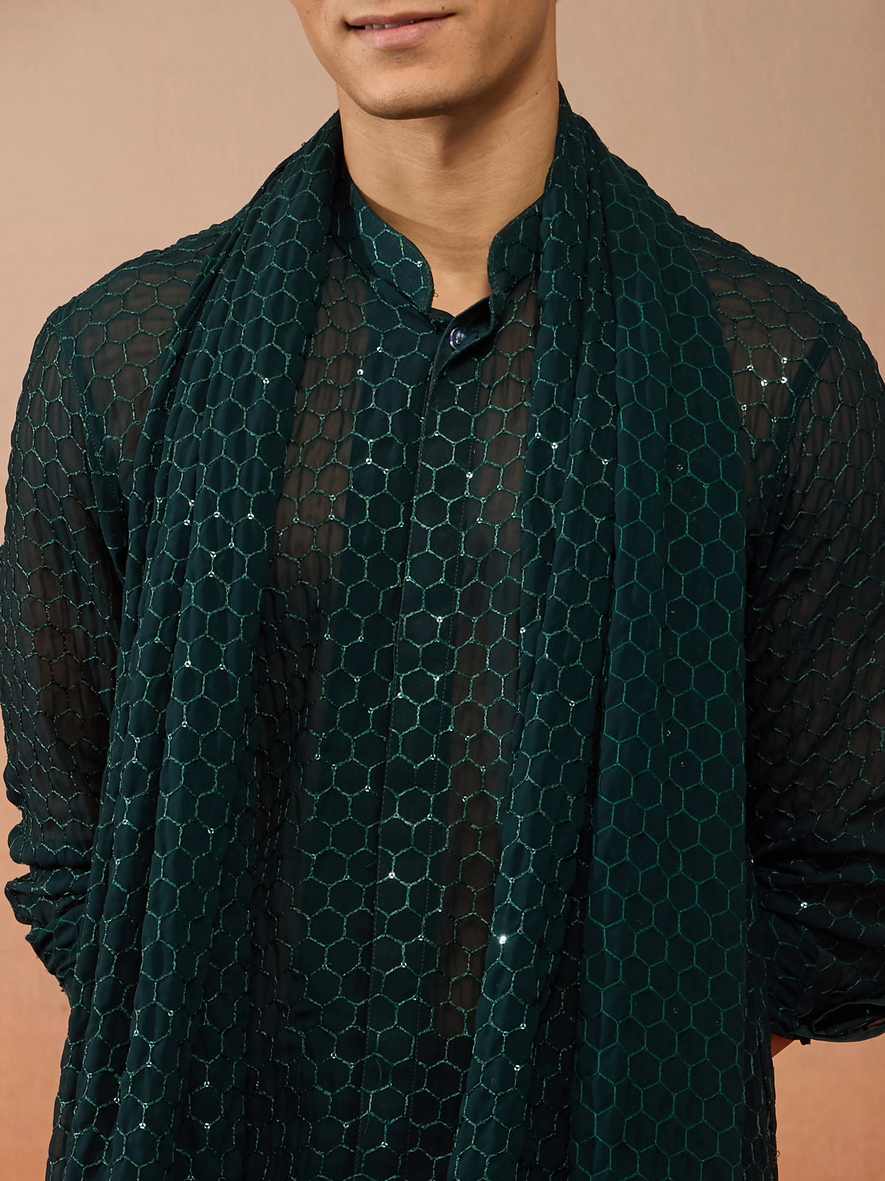 Men's Bottle Green Georgette Plain Dupatta - Image 2