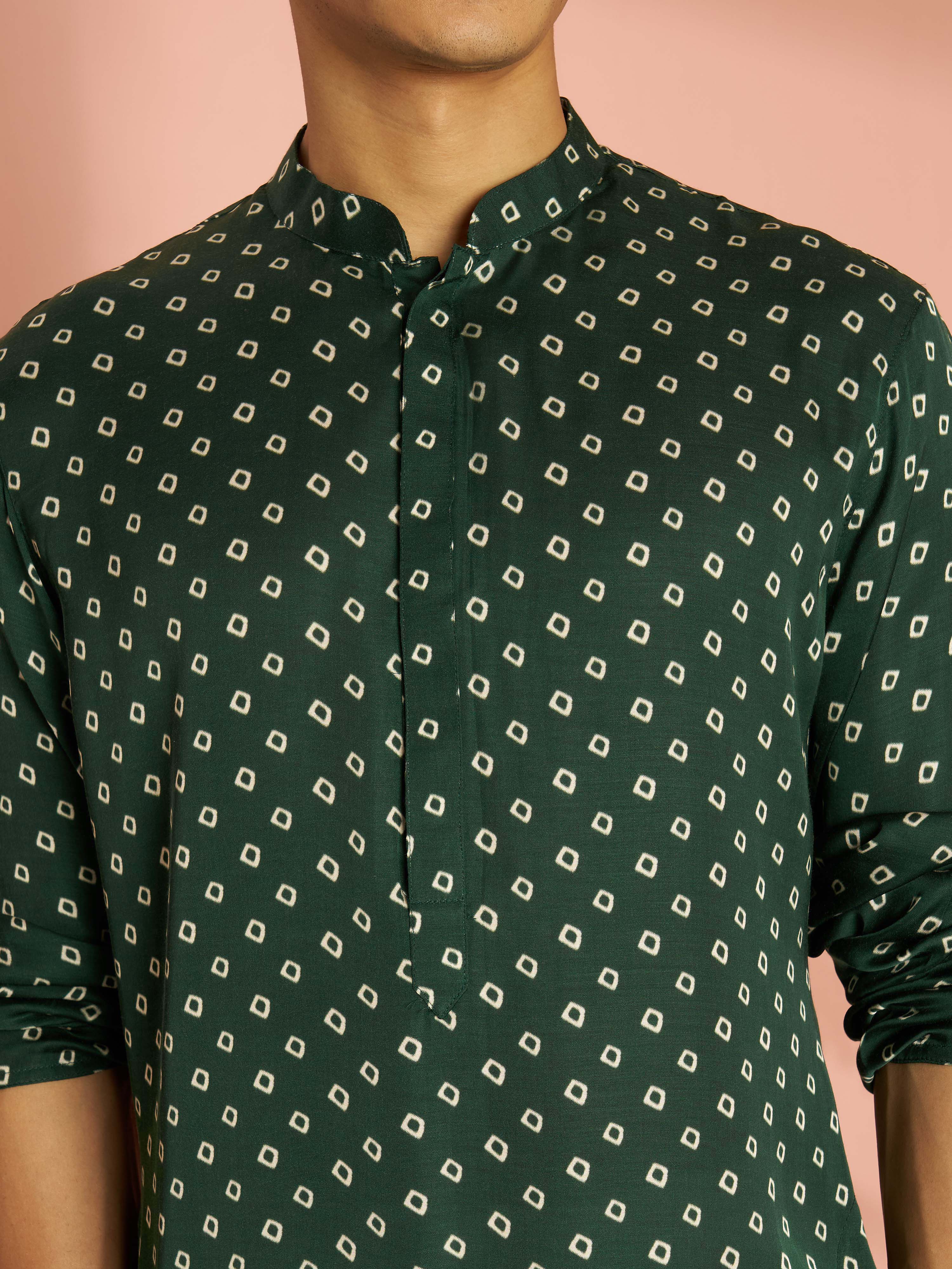 Men's Bottle Green Silk Blend Bandhani Kurta with Cream Wide Leg Palazzo Set - Image 2
