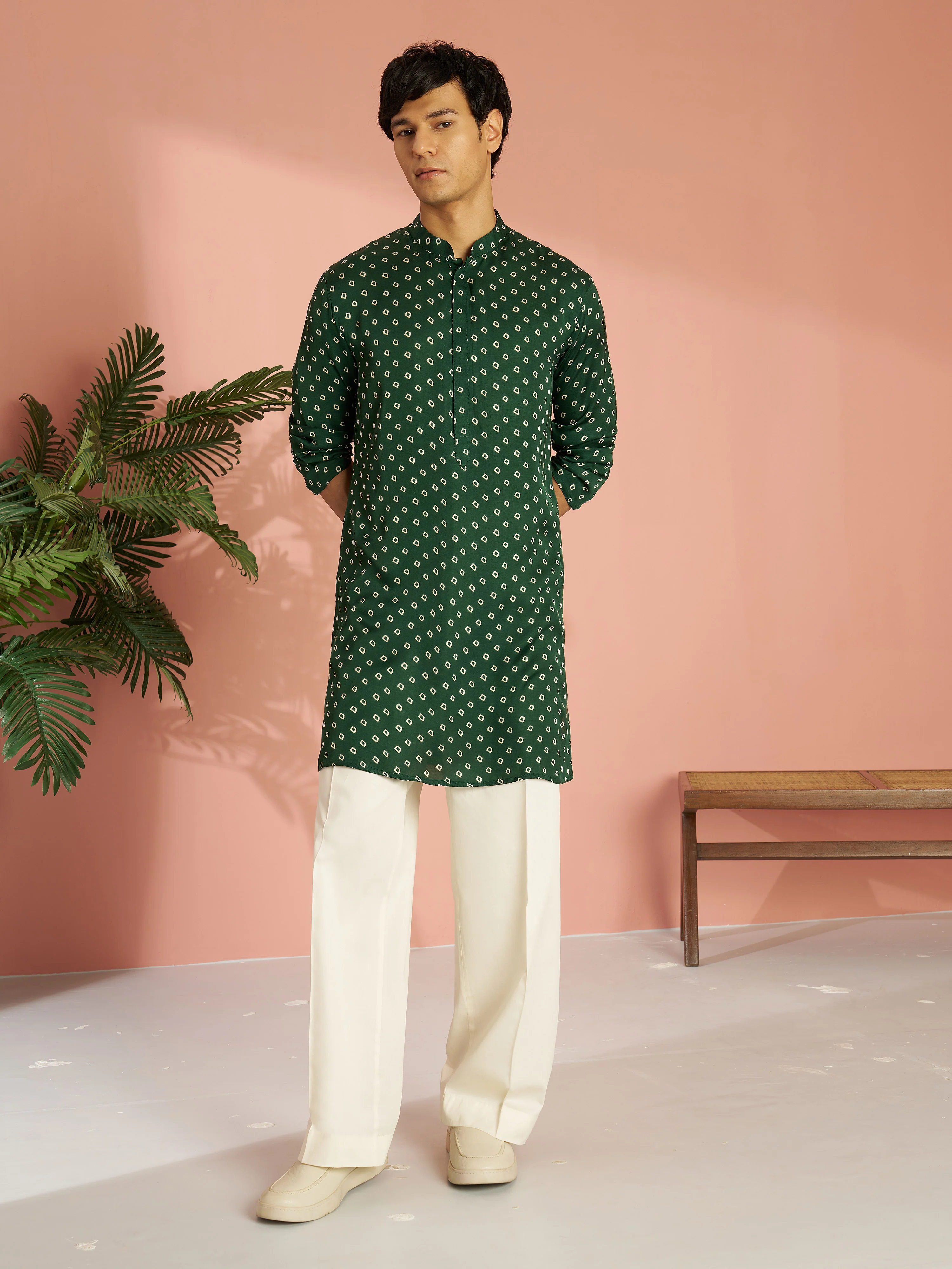 Men's Bottle Green Silk Blend Bandhani Kurta with Cream Wide Leg Palazzo Set - Image 3