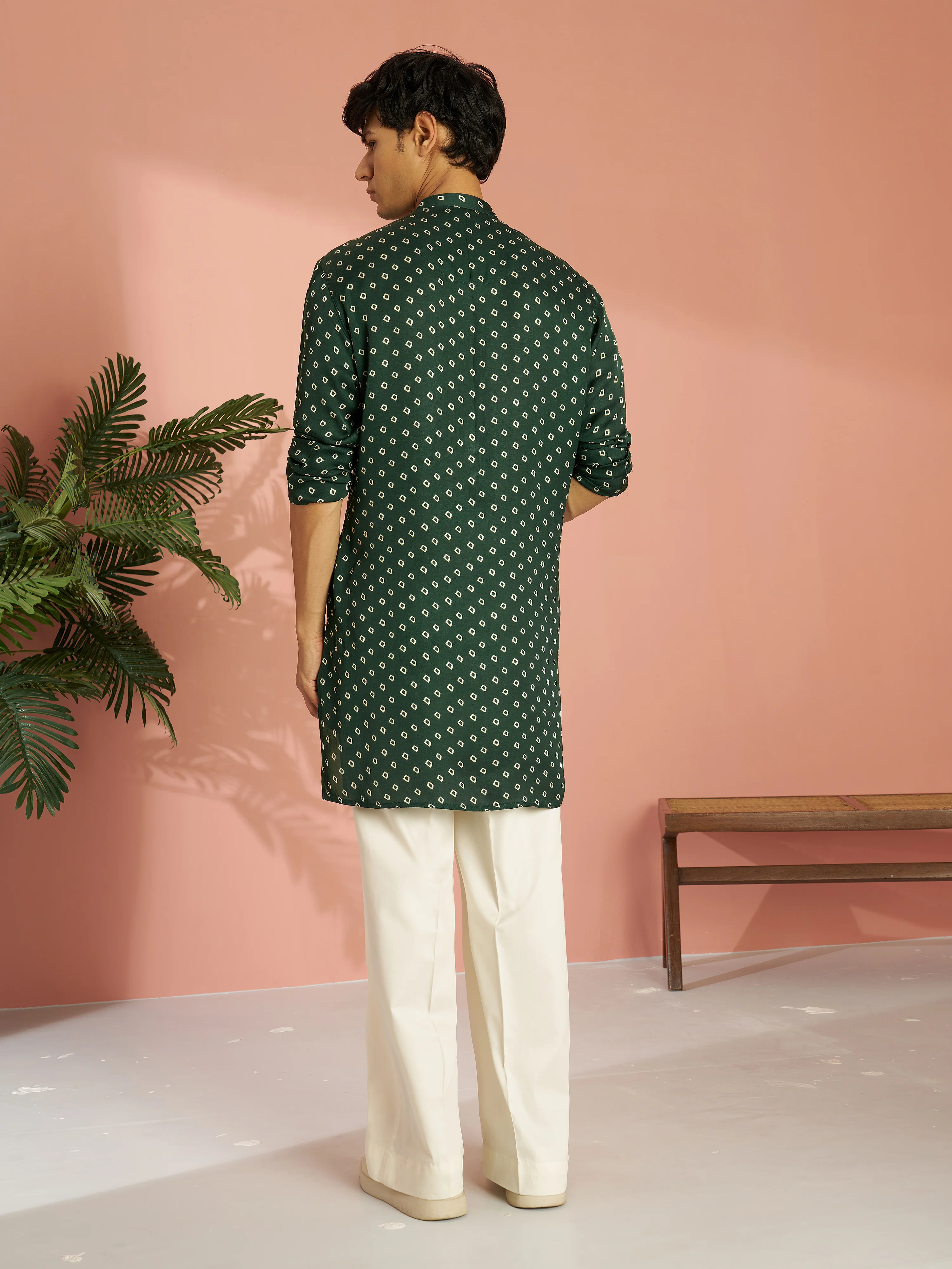 Men's Bottle Green Silk Blend Bandhani Kurta with Cream Wide Leg Palazzo Set - Image 5