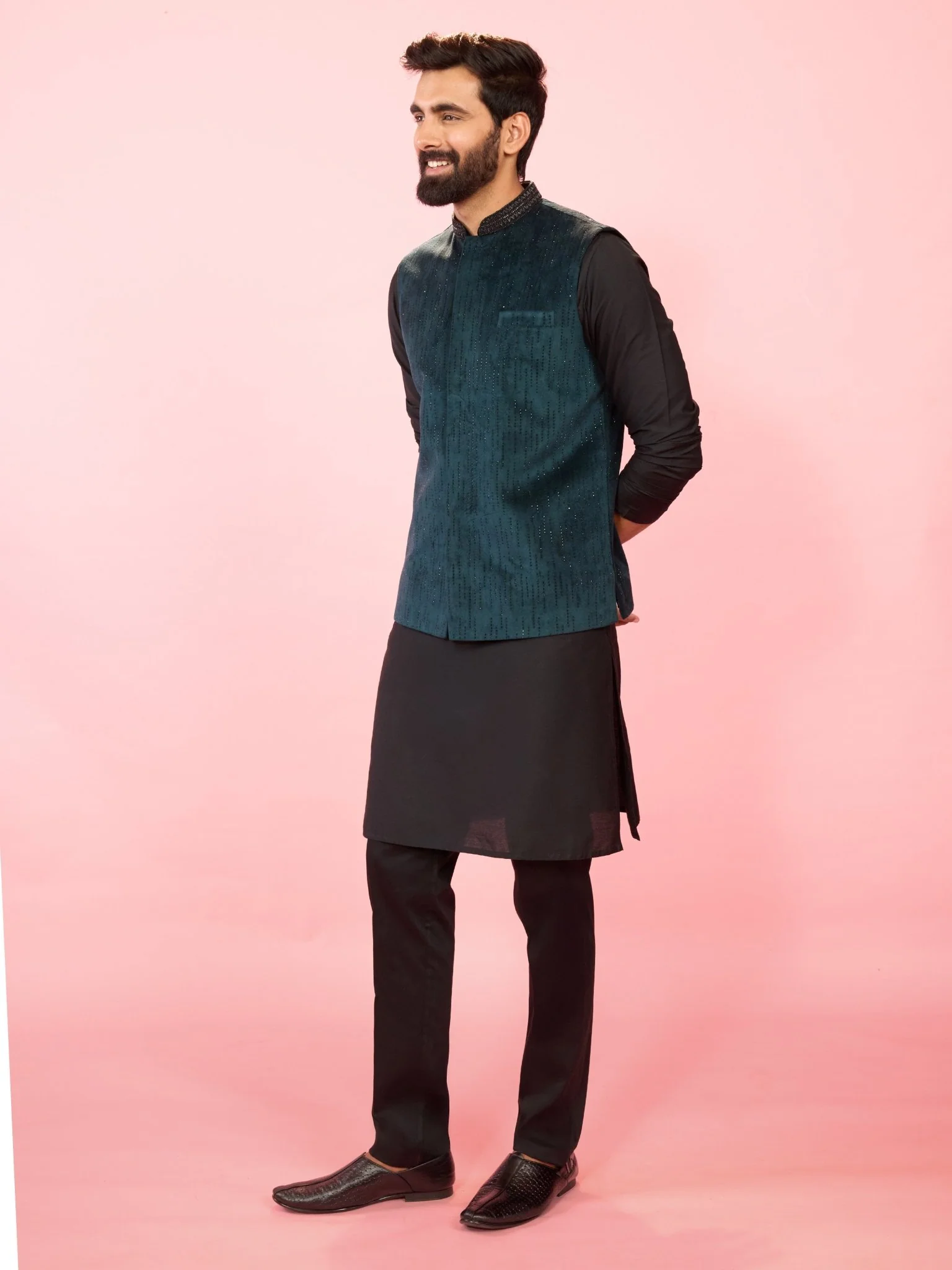 Men's Bottle Green Velvet Nehru Jacket with Black Silk Kurta & Cotton Pant Pyjama Set - Image 4