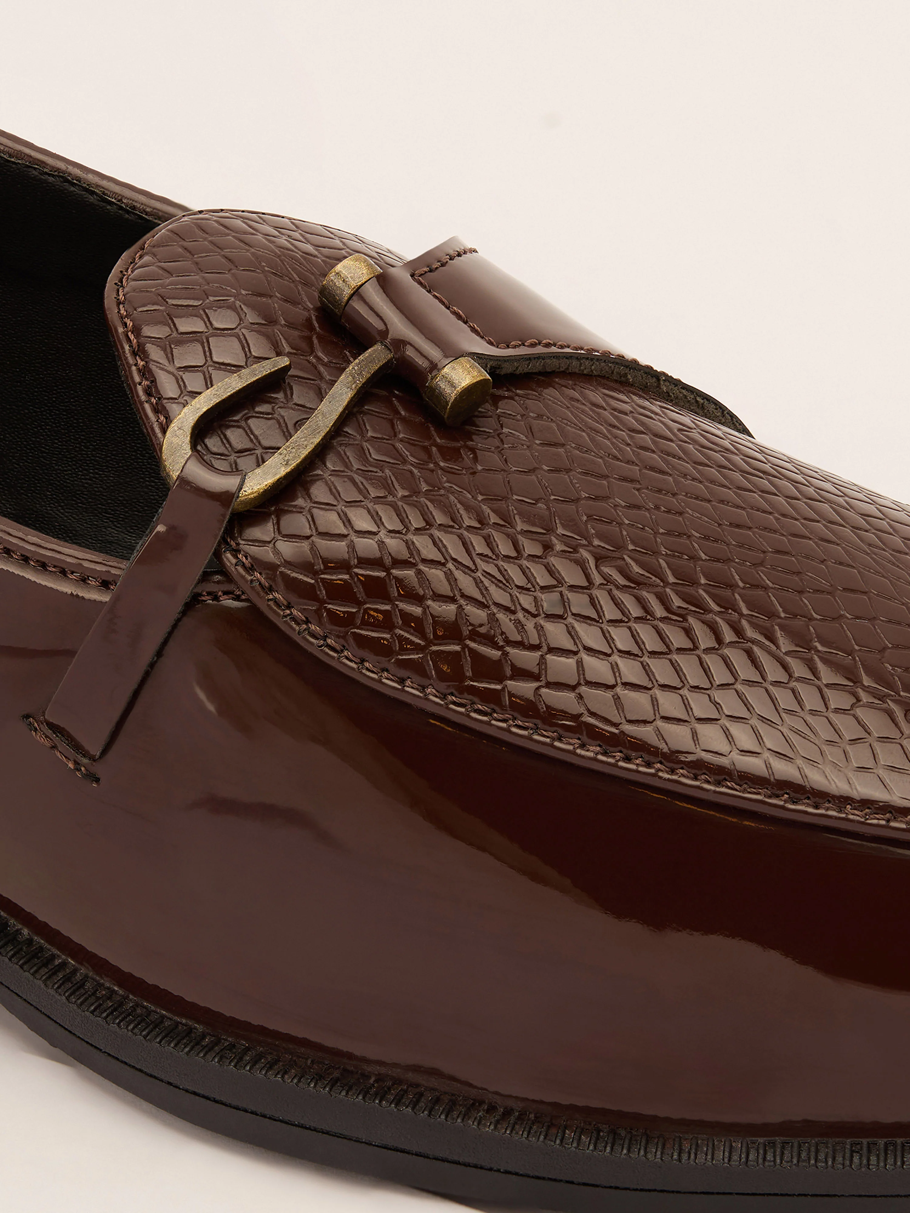 Men's Brown Patent Croc-Embossed Buckle Loafer | Brass-Toned Metallic Strap | High-Shine Finish | Almond Toe | Airmix Sole - Image 2