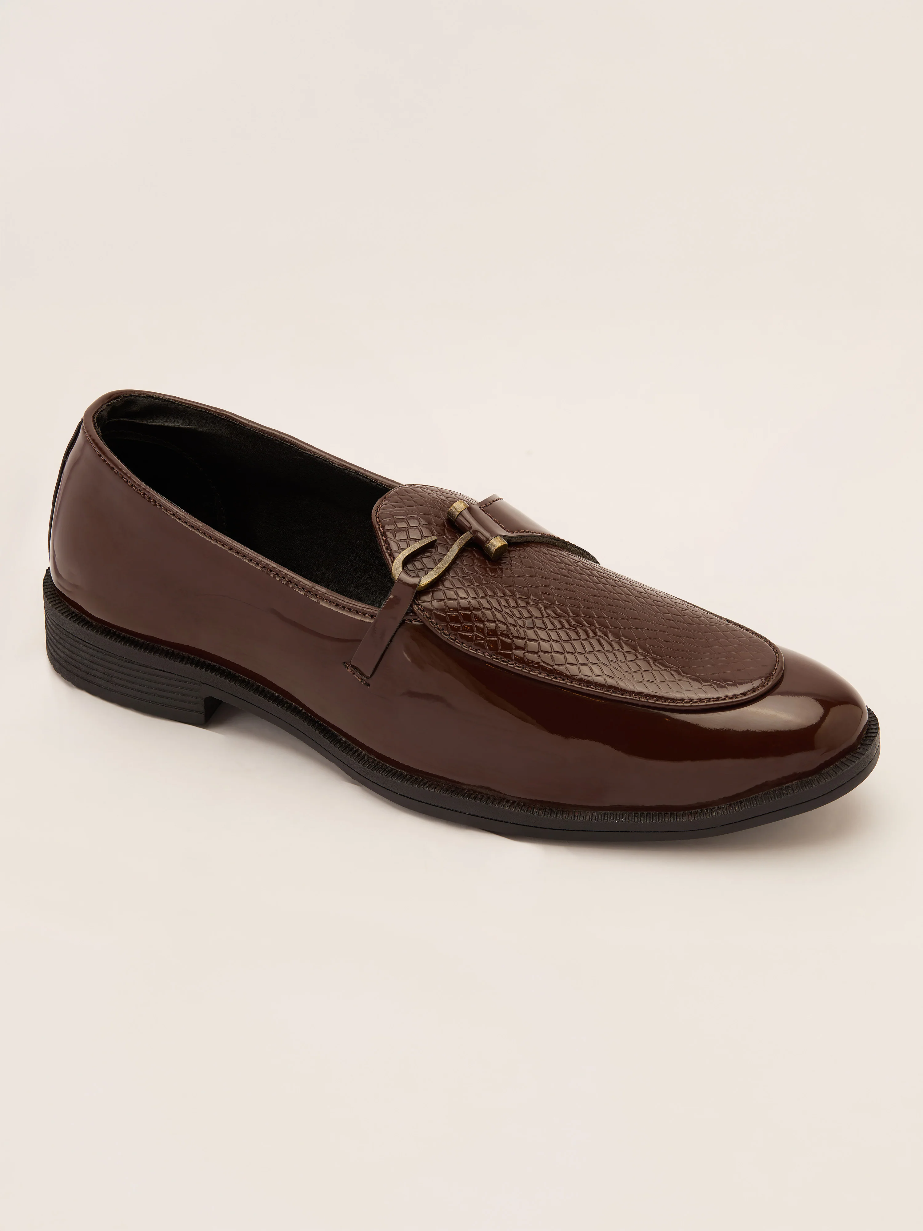 Men's Brown Patent Croc-Embossed Buckle Loafer | Brass-Toned Metallic Strap | High-Shine Finish | Almond Toe | Airmix Sole - Image 4