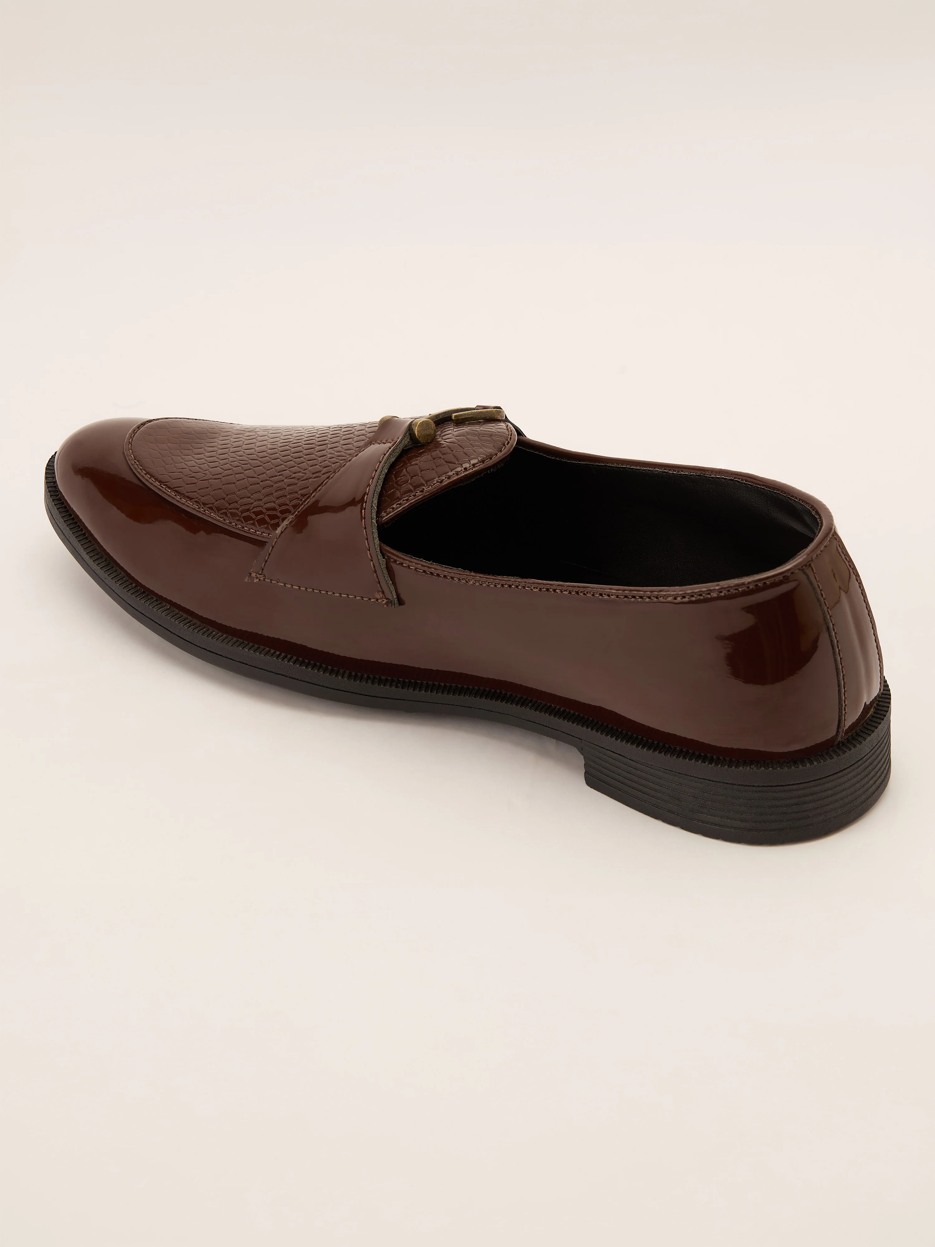 Men's Brown Patent Croc-Embossed Buckle Loafer | Brass-Toned Metallic Strap | High-Shine Finish | Almond Toe | Airmix Sole - Image 5