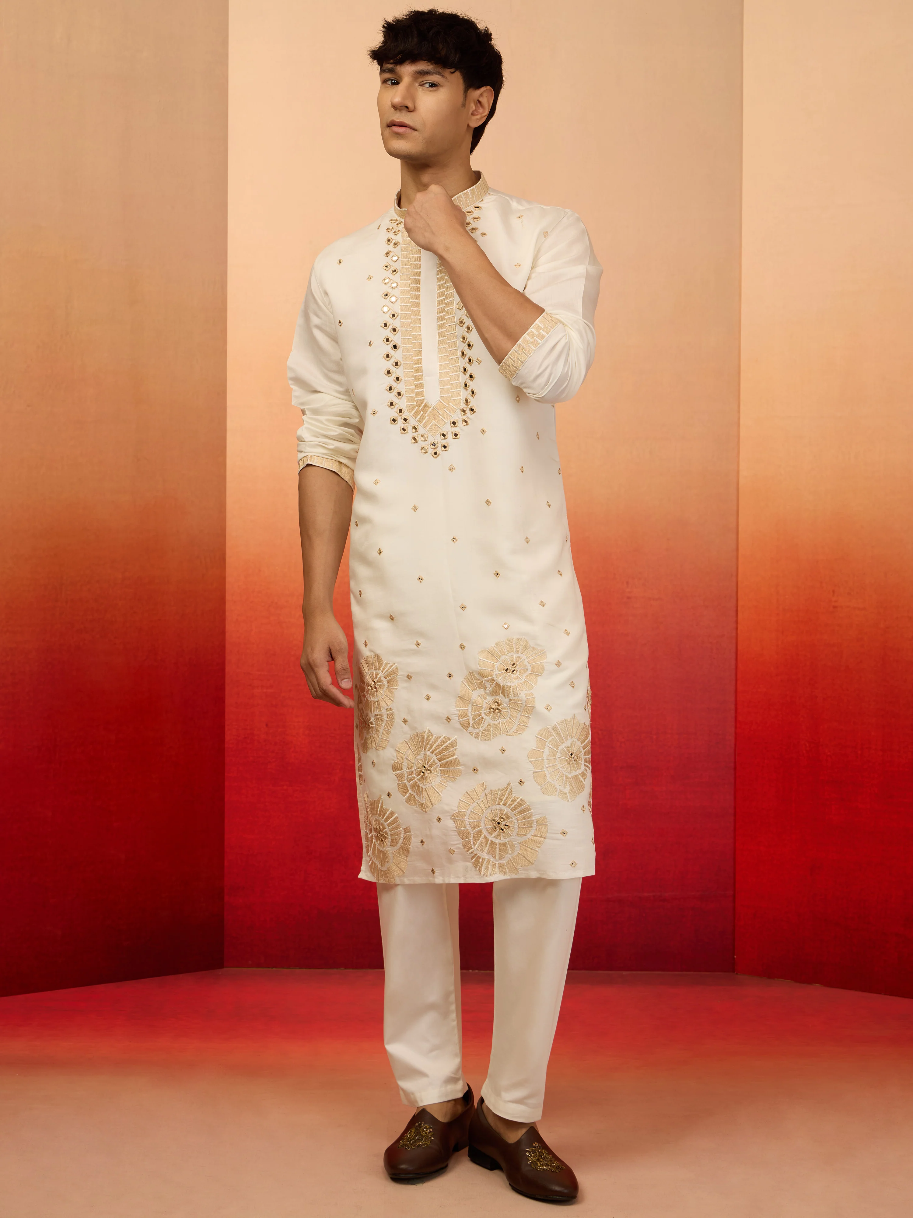 Men's Chiku Silk Blend Embroidered Kurta with Cream Pyjama - Image 3