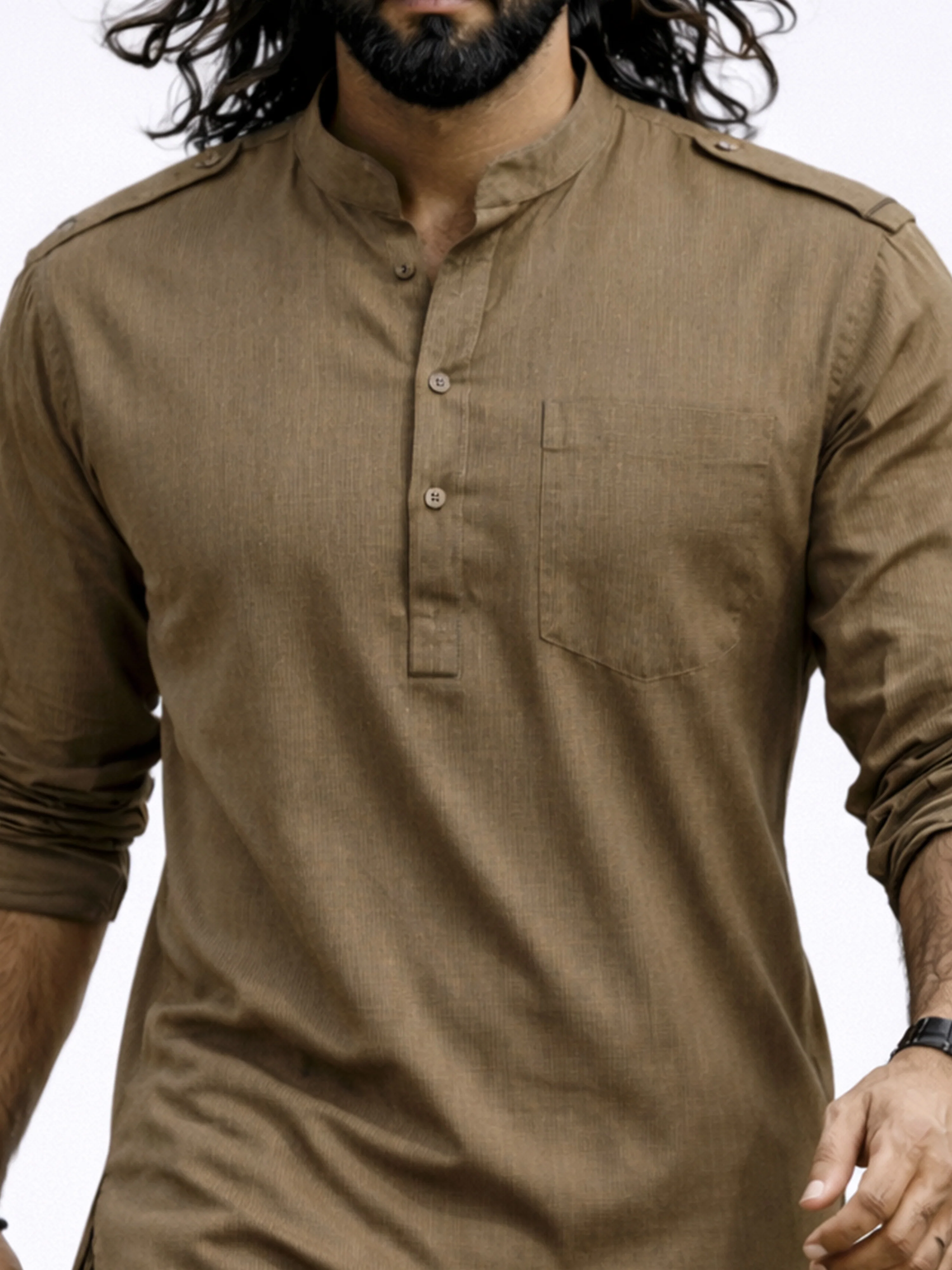 Men's Chiku Solid Swiss Slub Cotton Pathani Kurta with Chiku Silk Blend Patiala - Image 2