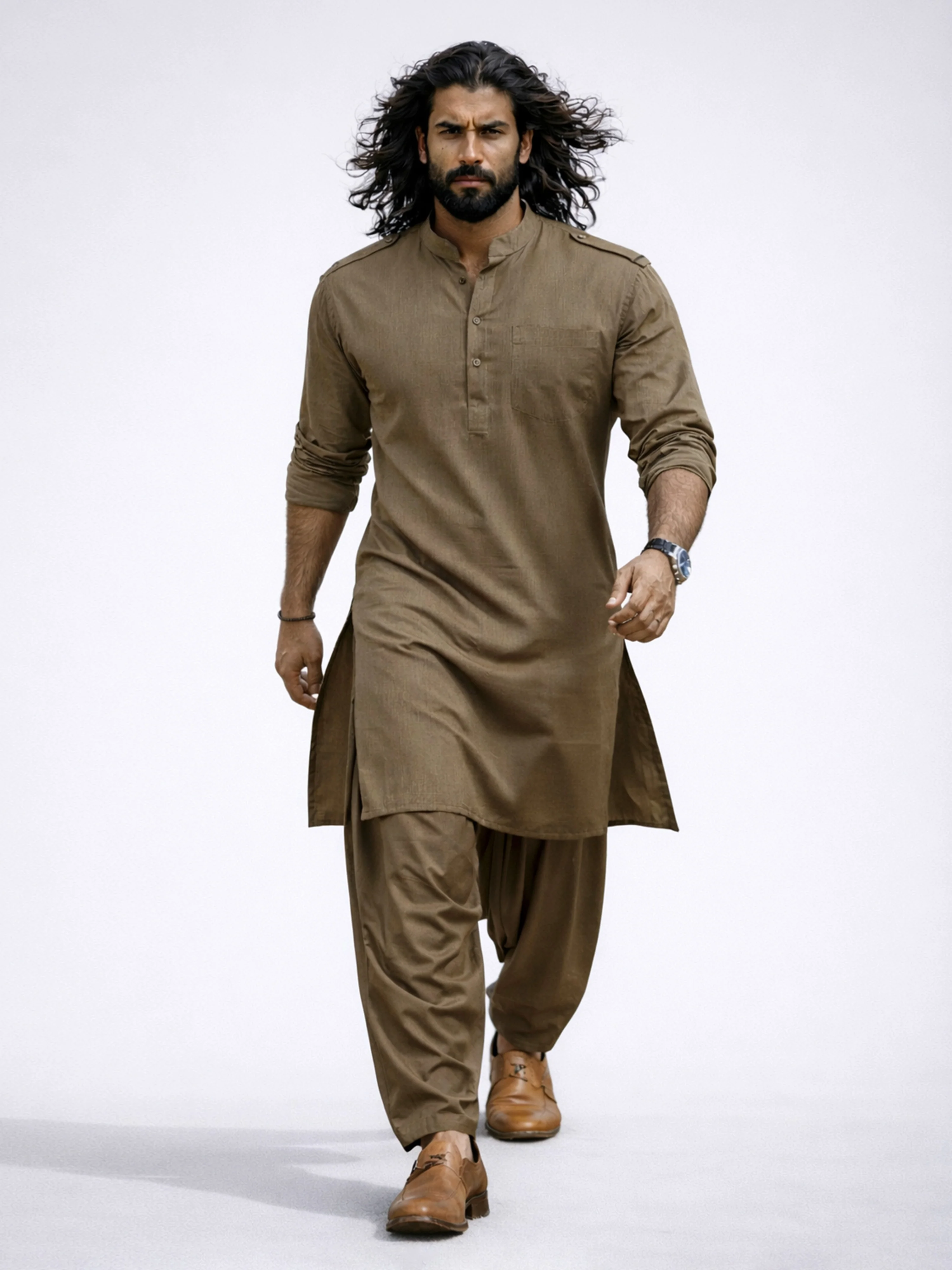Men's Chiku Solid Swiss Slub Cotton Pathani Kurta with Chiku Silk Blend Patiala - Image 3