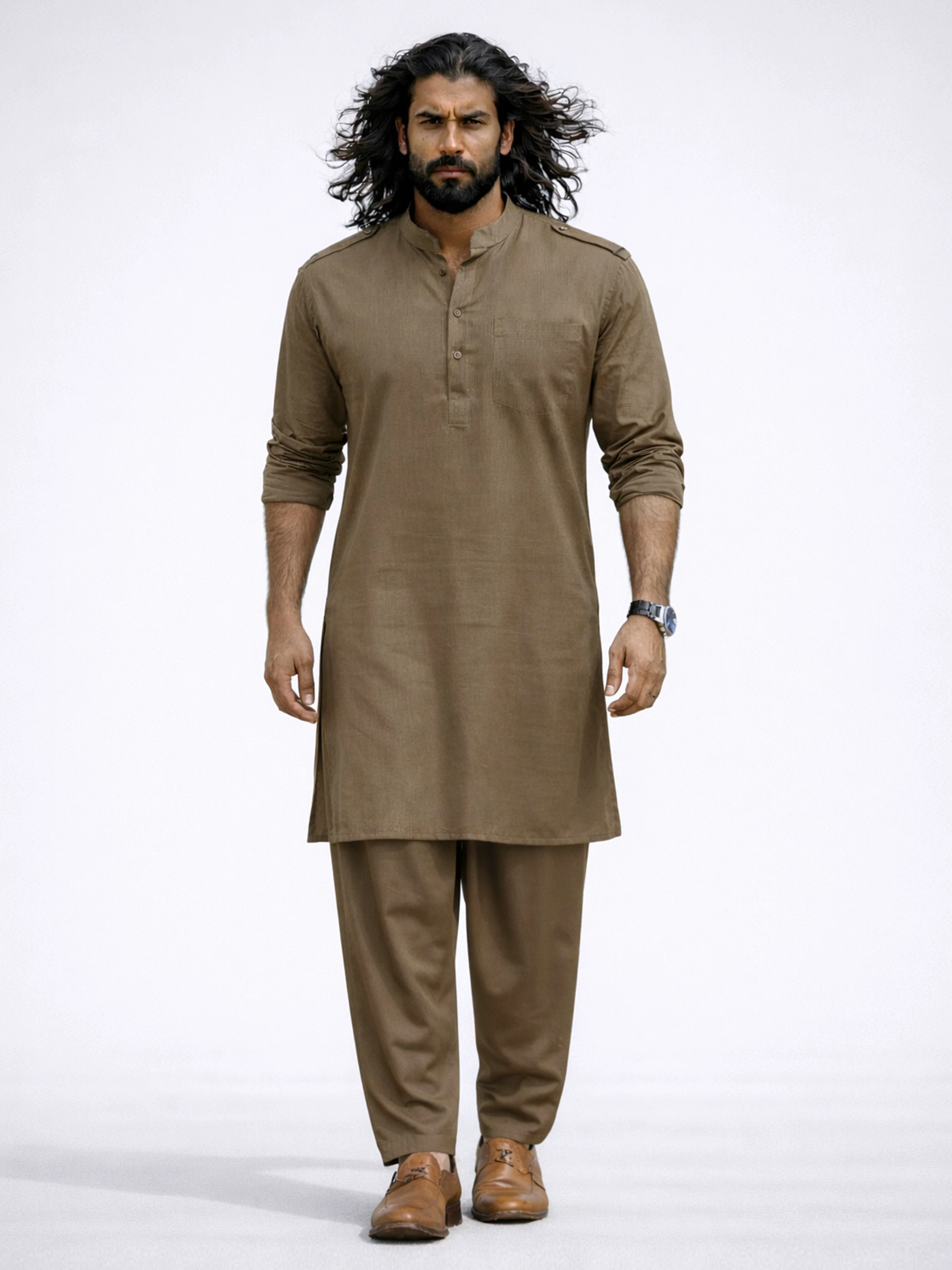 Men's Chiku Solid Swiss Slub Cotton Pathani Kurta with Chiku Silk Blend Patiala - Image 4