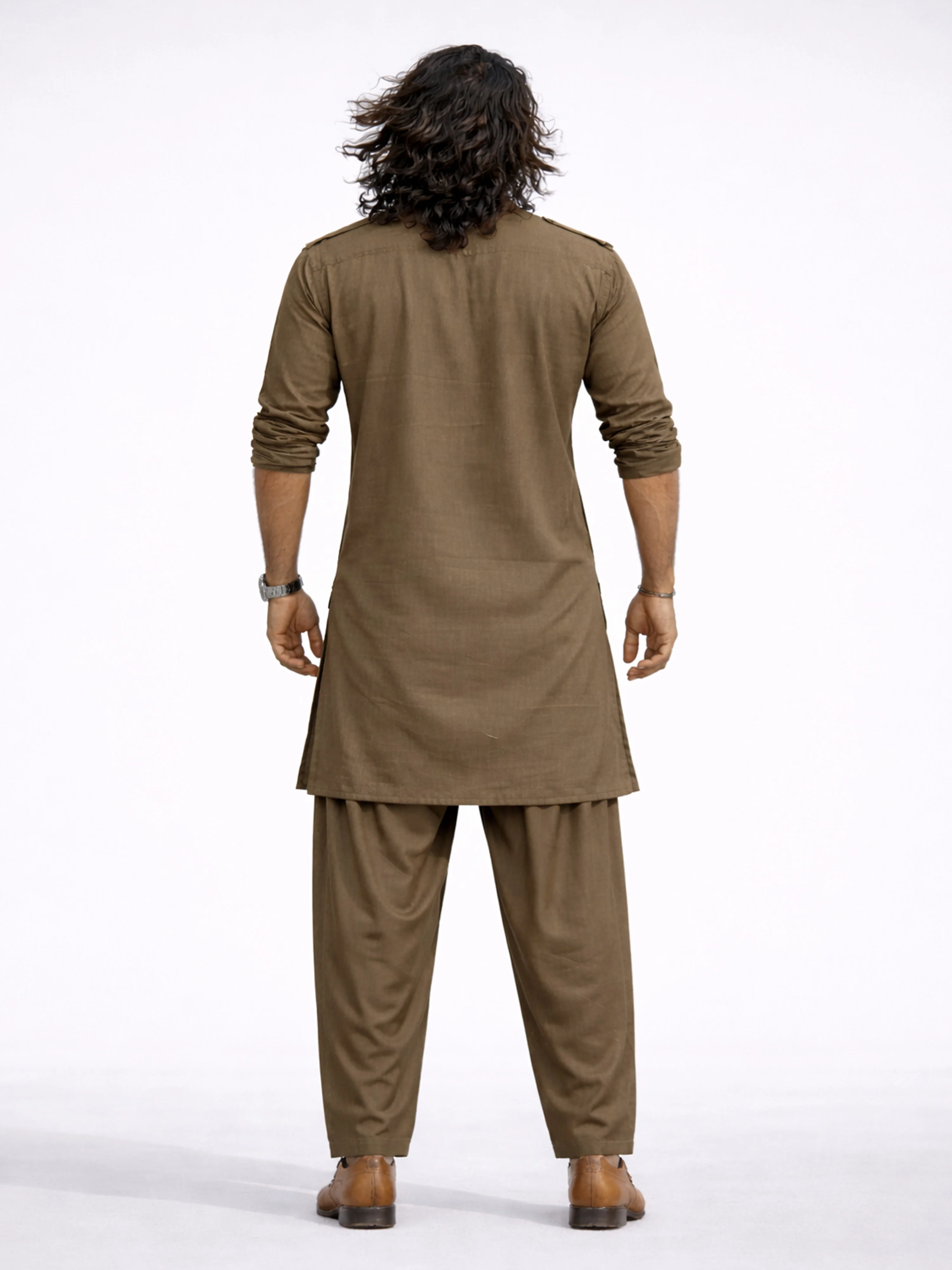 Men's Chiku Solid Swiss Slub Cotton Pathani Kurta with Chiku Silk Blend Patiala - Image 5