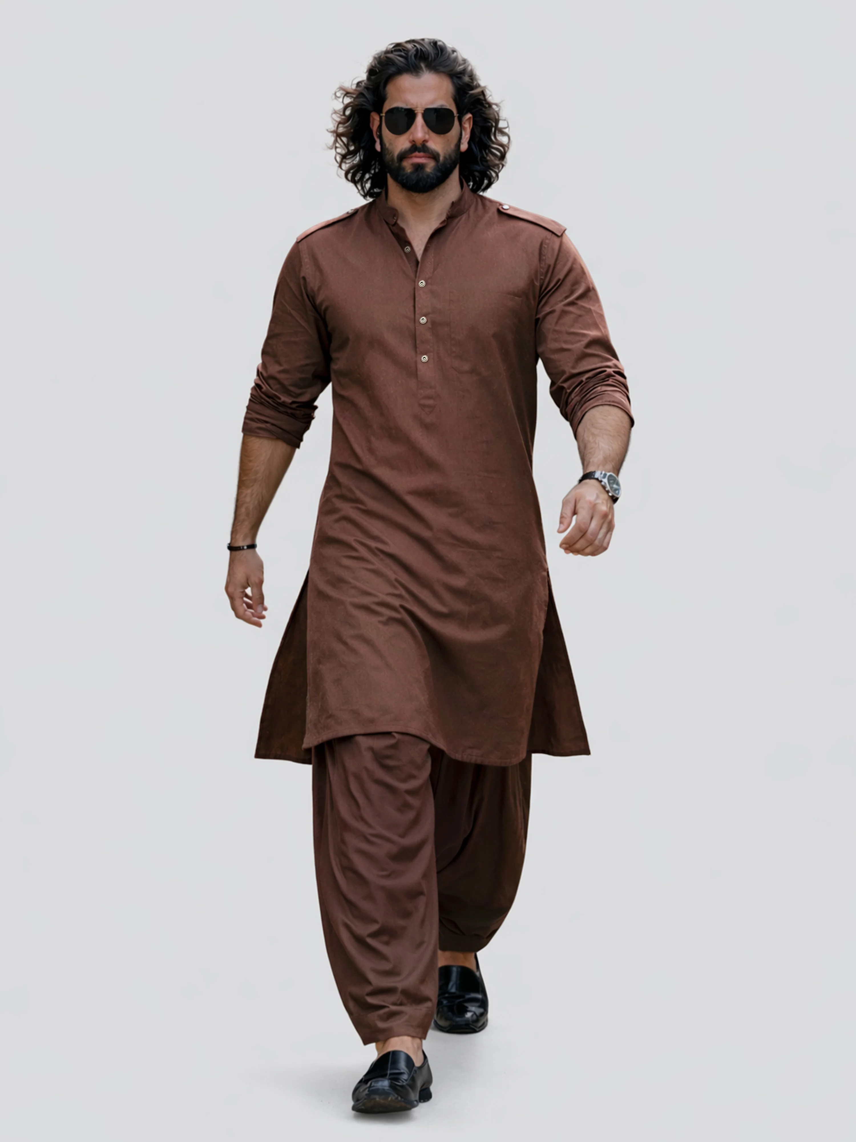 Men's Coffee Brown Swiss Slub Cotton Pathani Kurta with Coffee Brown Silk Blend Patiala - Image 3