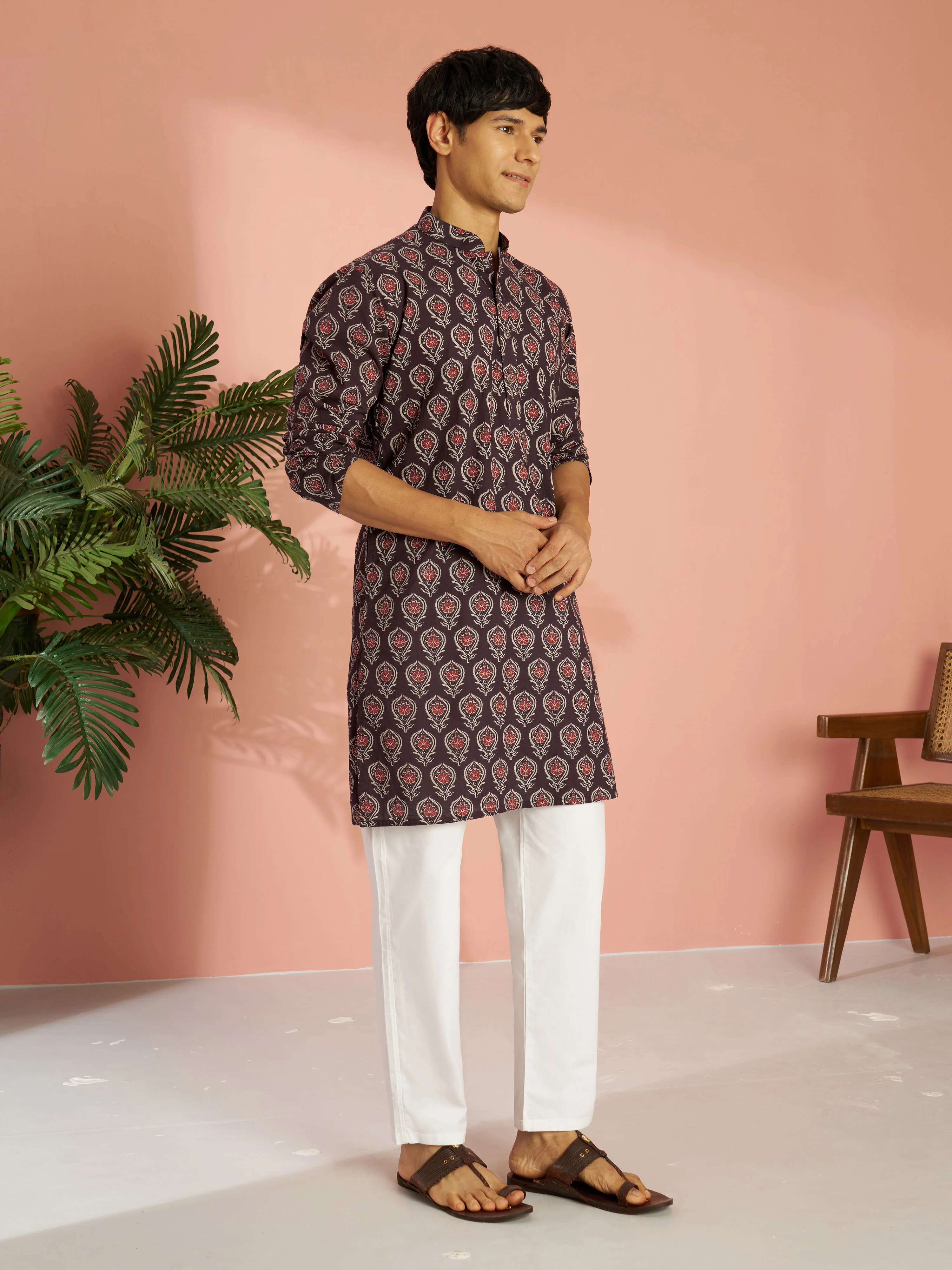 Men's Coffee Cotton Ethnic Motif Printed Kurta with White Pyjama Set - Image 3