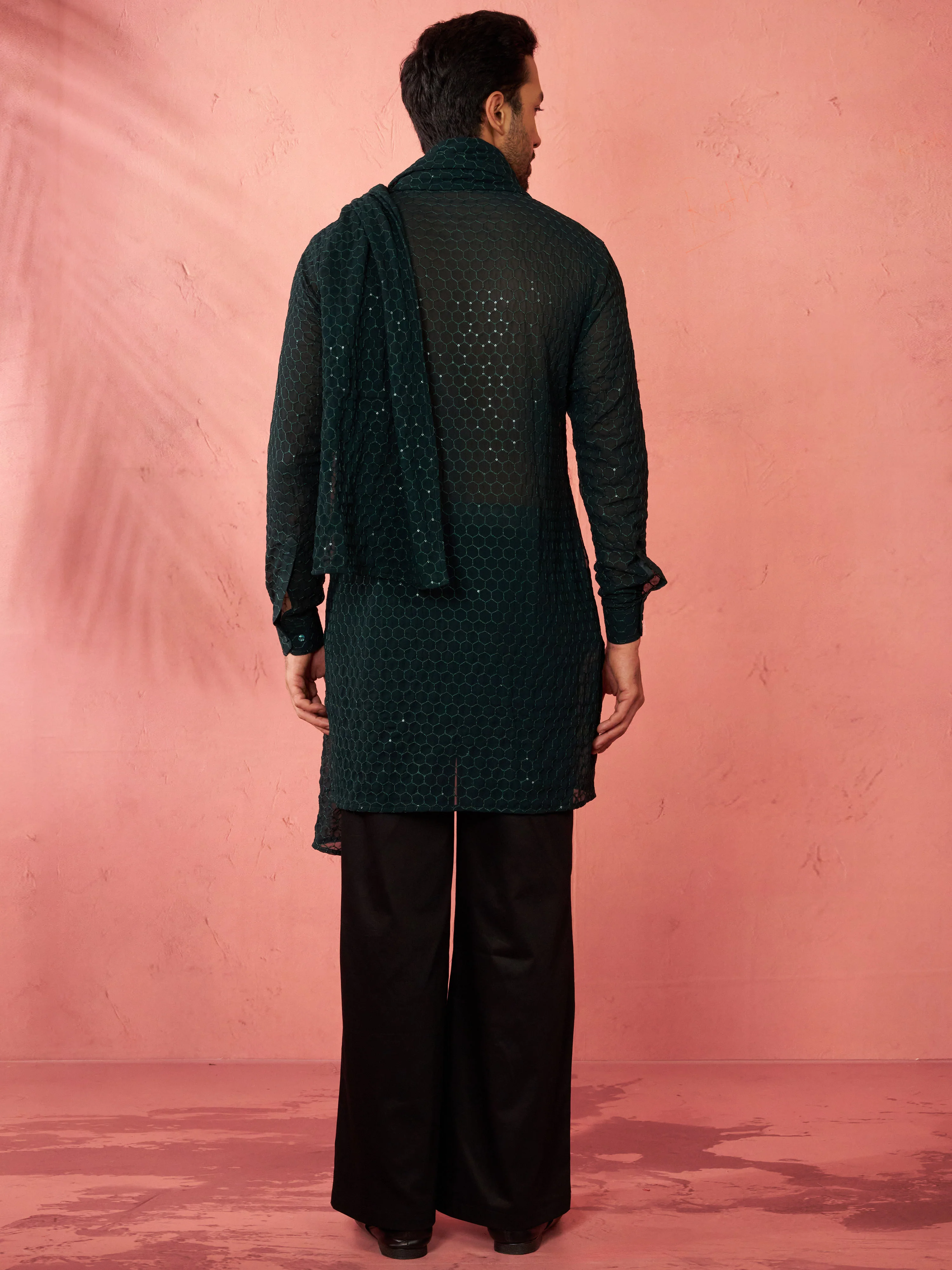 Men's Complete Bottle Green Kurta Set with Pant and Dupatta - Image 4