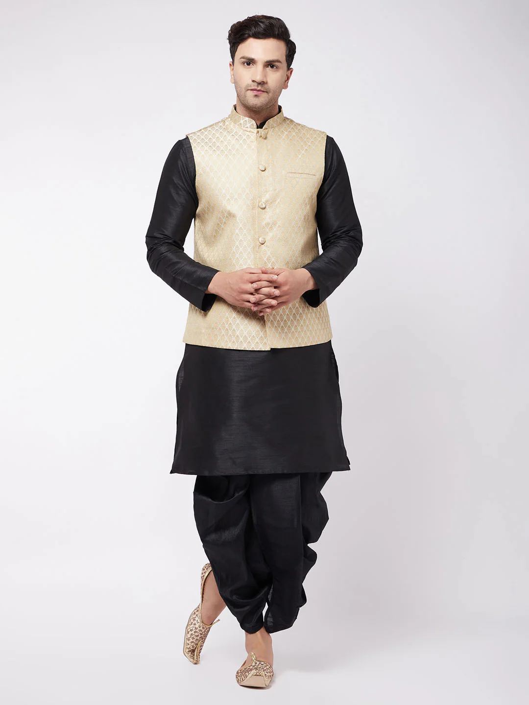 Men's Black Silk Blend Jacket With Kurta Dhoti Set - Image 2