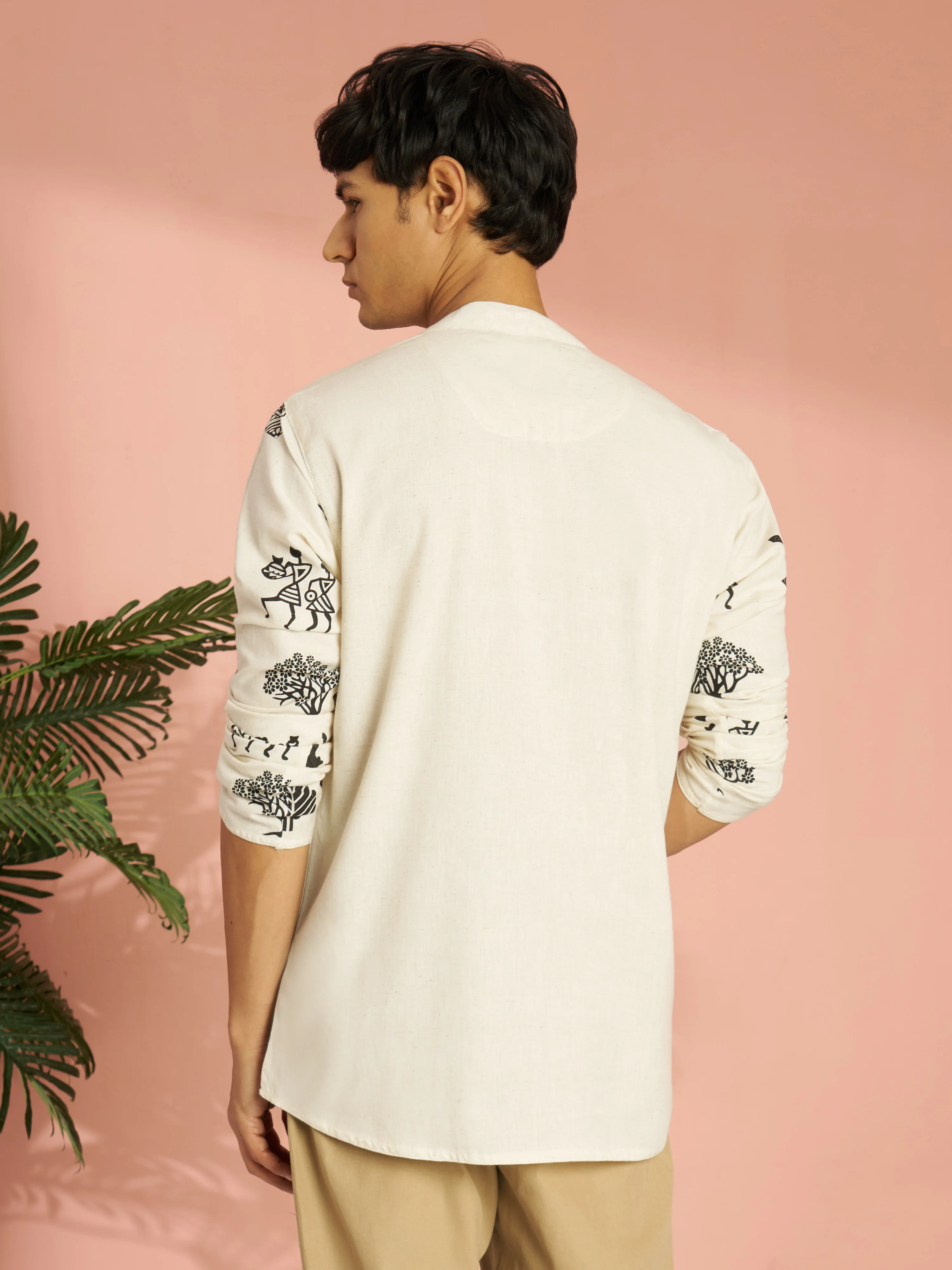 Men's Cream Cotton Block Printed Floral & Figures Short Kurta - Image 5