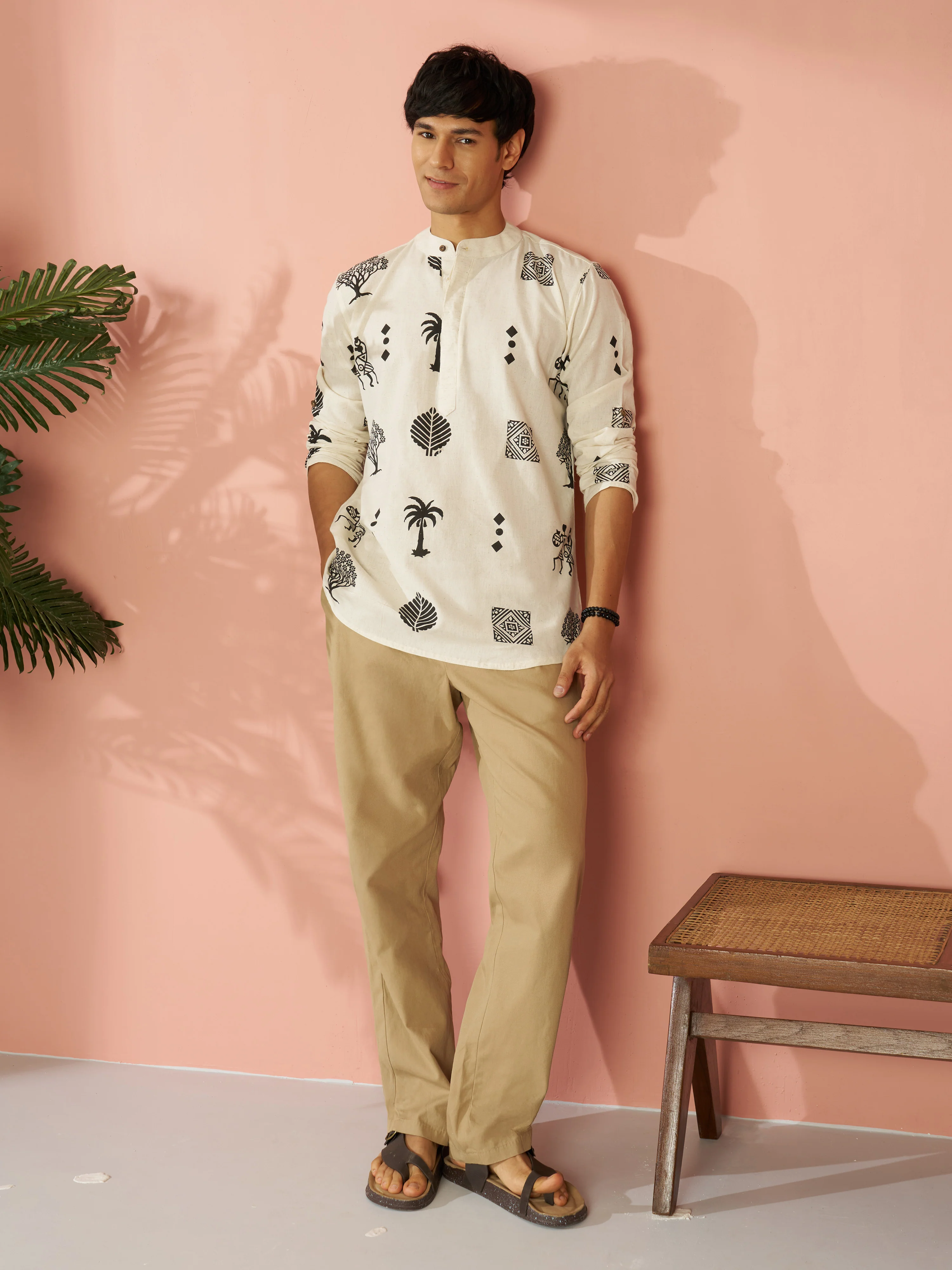 Men's Cream Cotton Block Printed Floral & Figures Short Kurta - Image 6