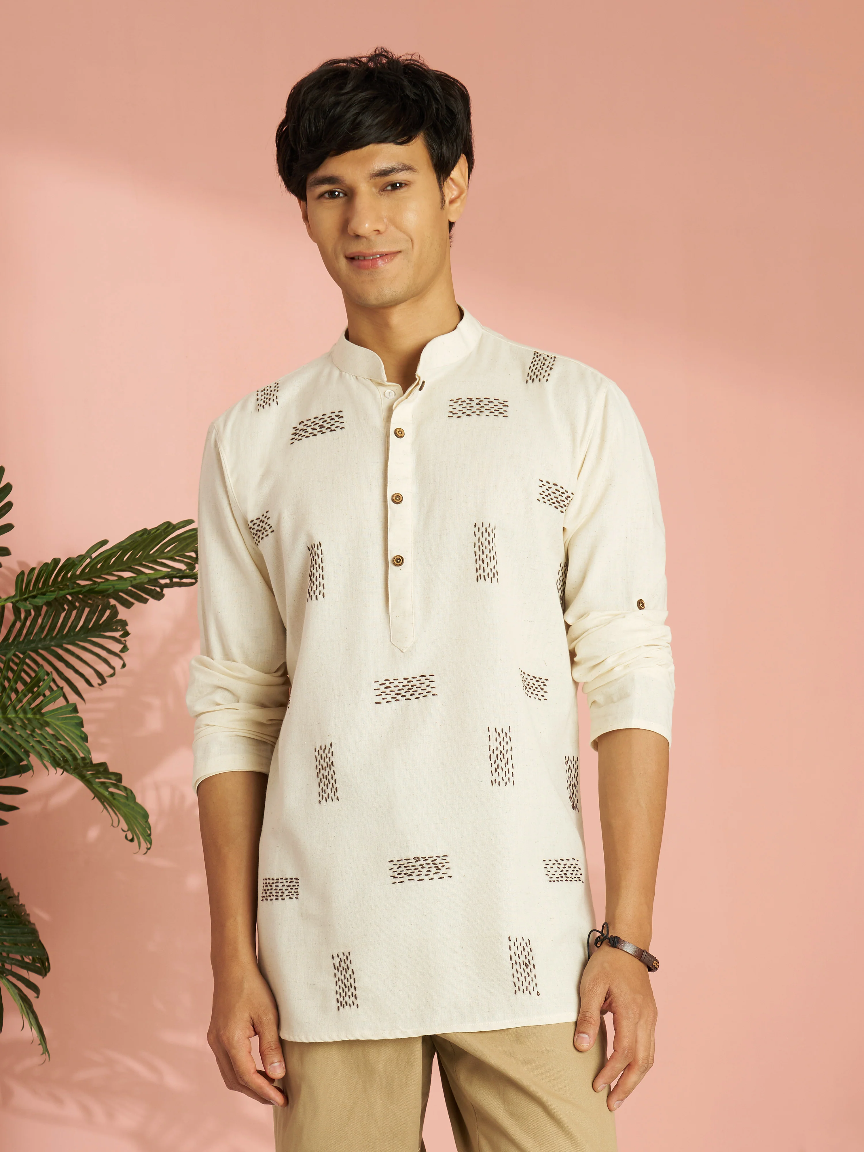 Men's Cream Cotton Thread Embroidered Short Kurta