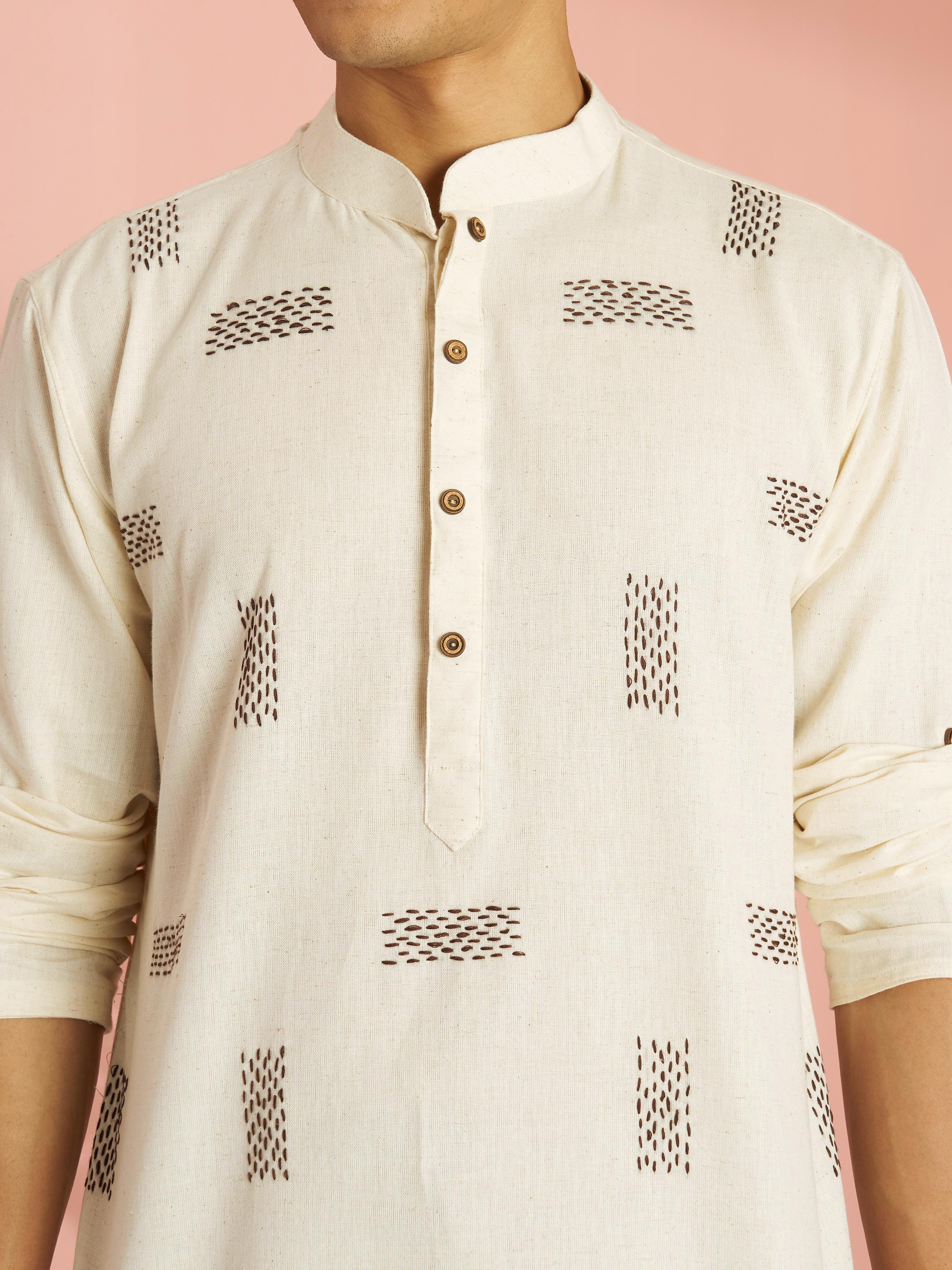 Men's Cream Cotton Thread Embroidered Short Kurta - Image 2