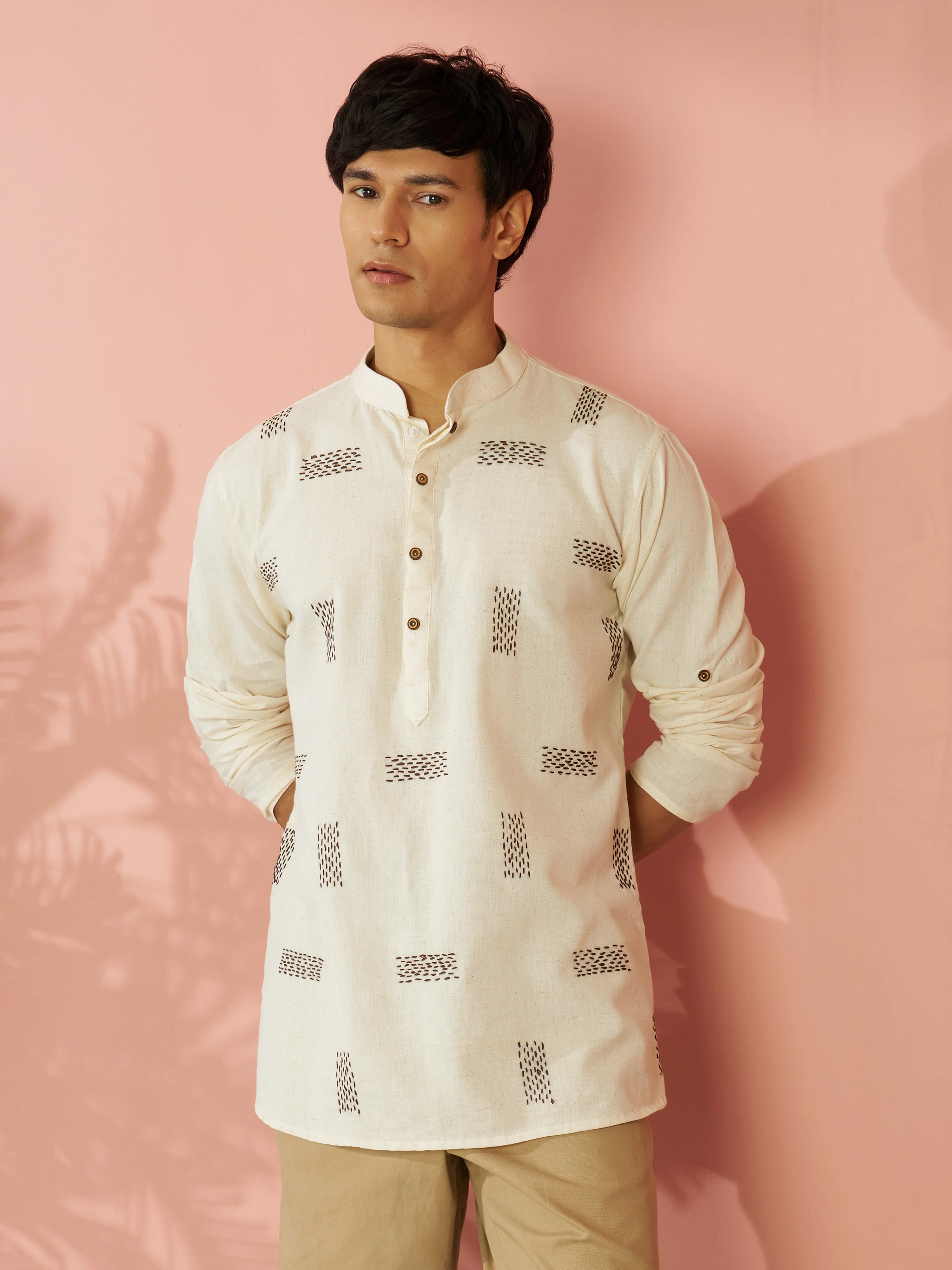 Men's Cream Cotton Thread Embroidered Short Kurta - Image 4