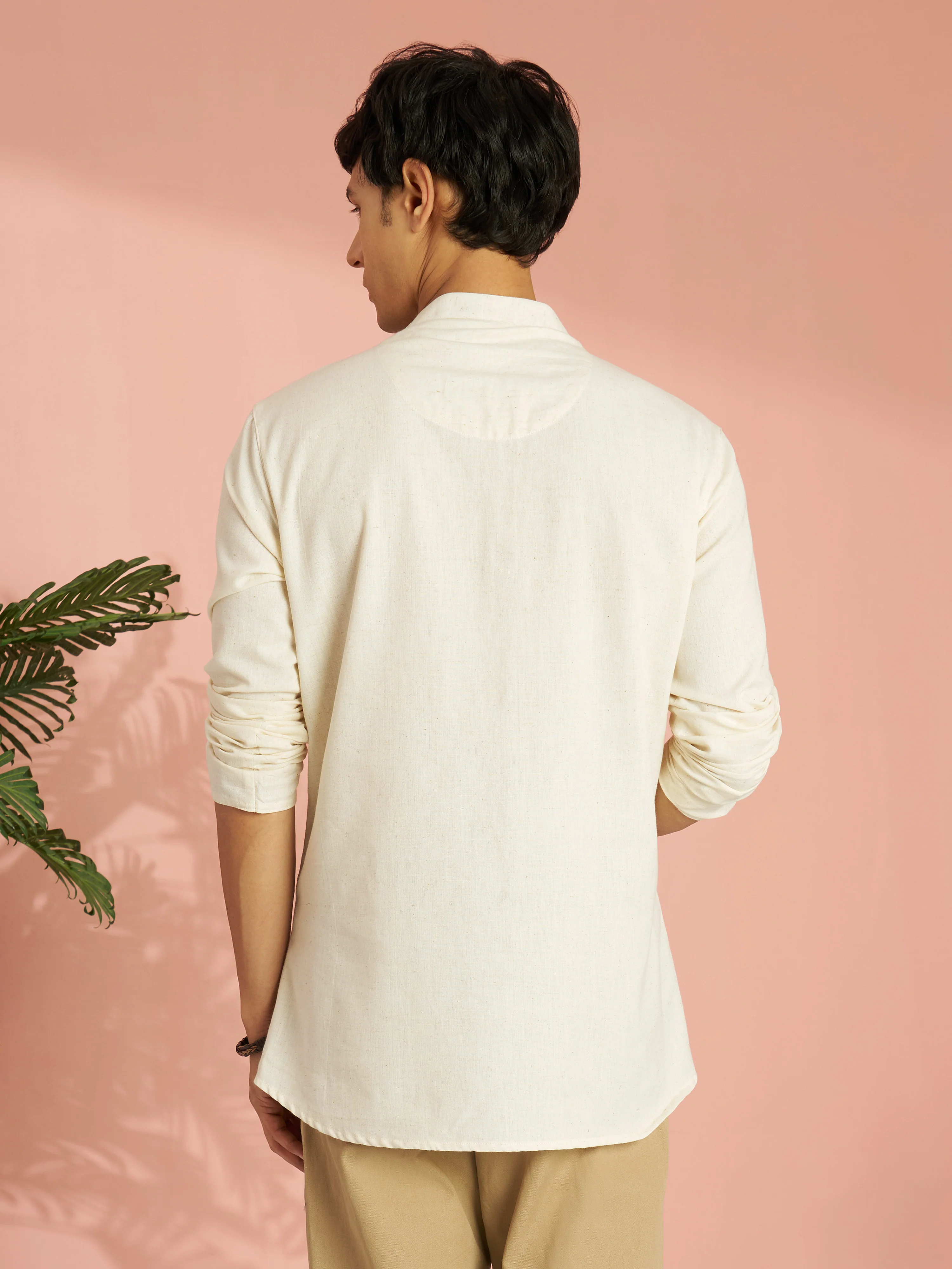 Men's Cream Cotton Thread Embroidered Short Kurta - Image 5