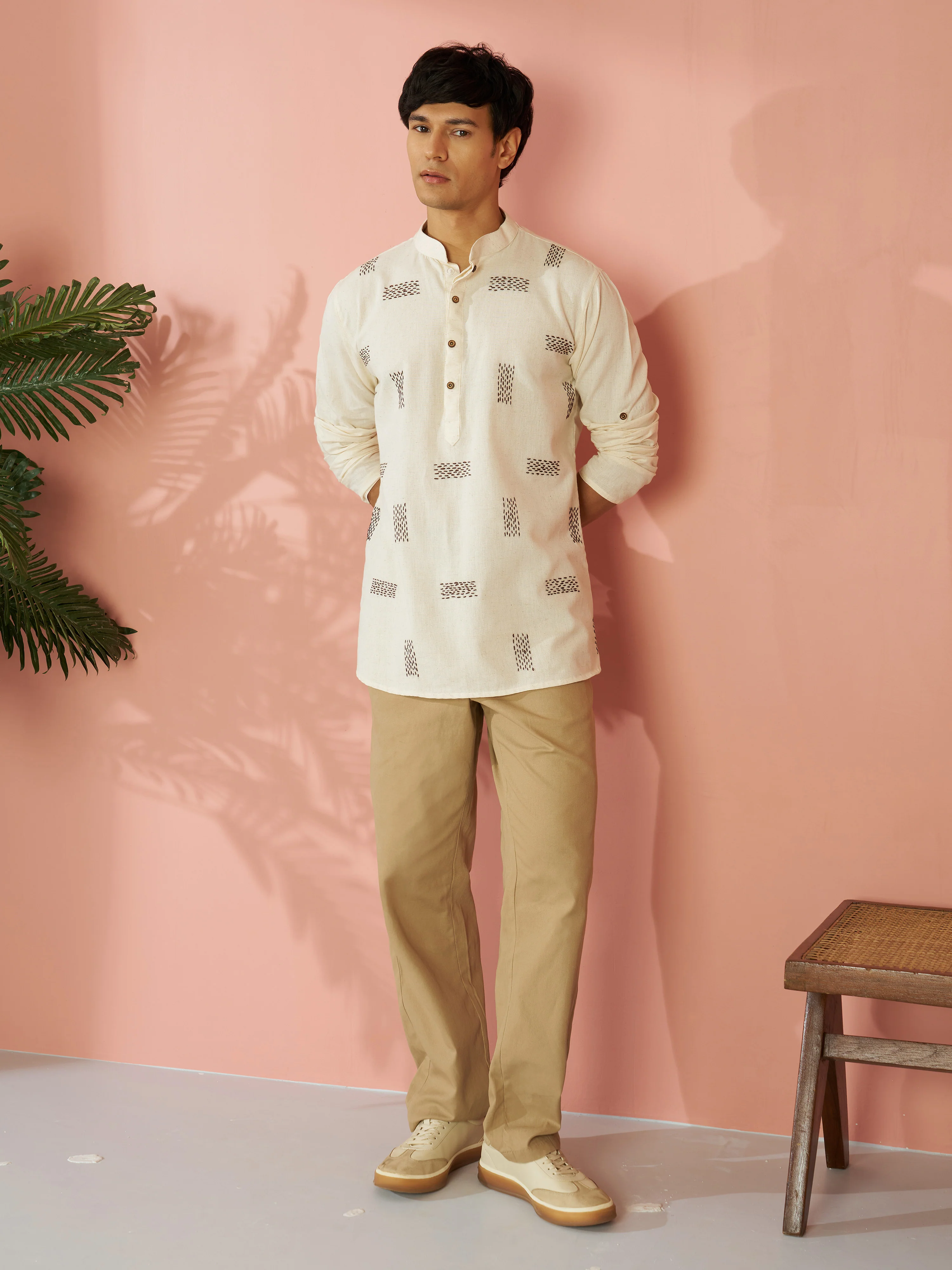 Men's Cream Cotton Thread Embroidered Short Kurta - Image 6