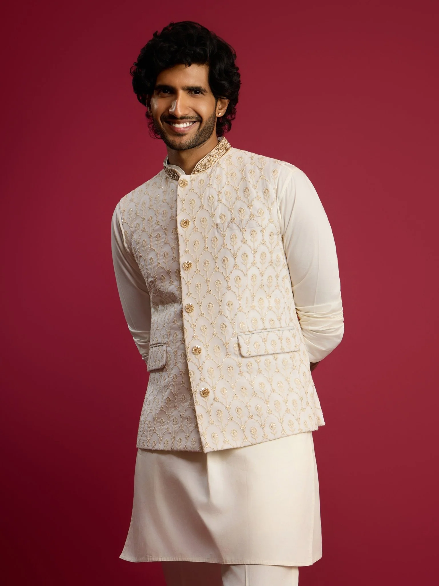 Men's Cream Embroidered Georgette Nehru Jacket - Image 3