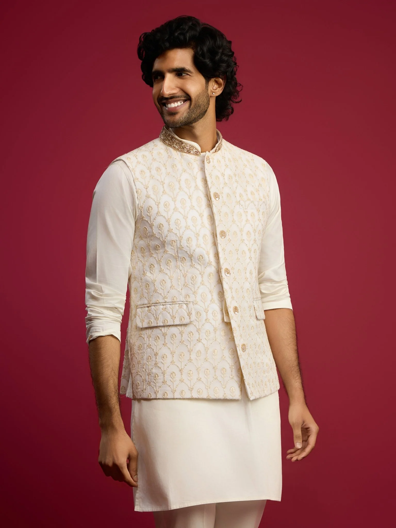 Men's Cream Embroidered Georgette Nehru Jacket - Image 4