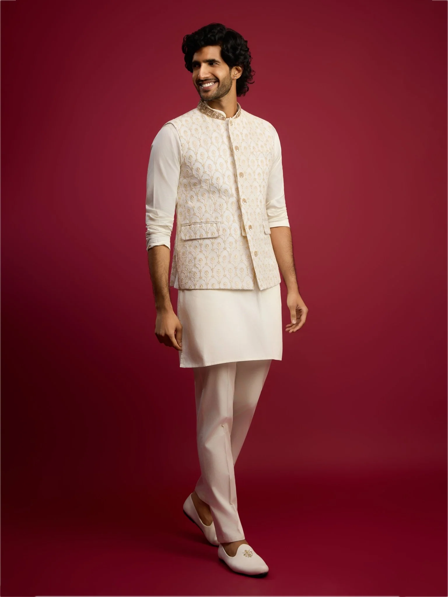 Men's Cream Embroidered Georgette Nehru Jacket - Image 6