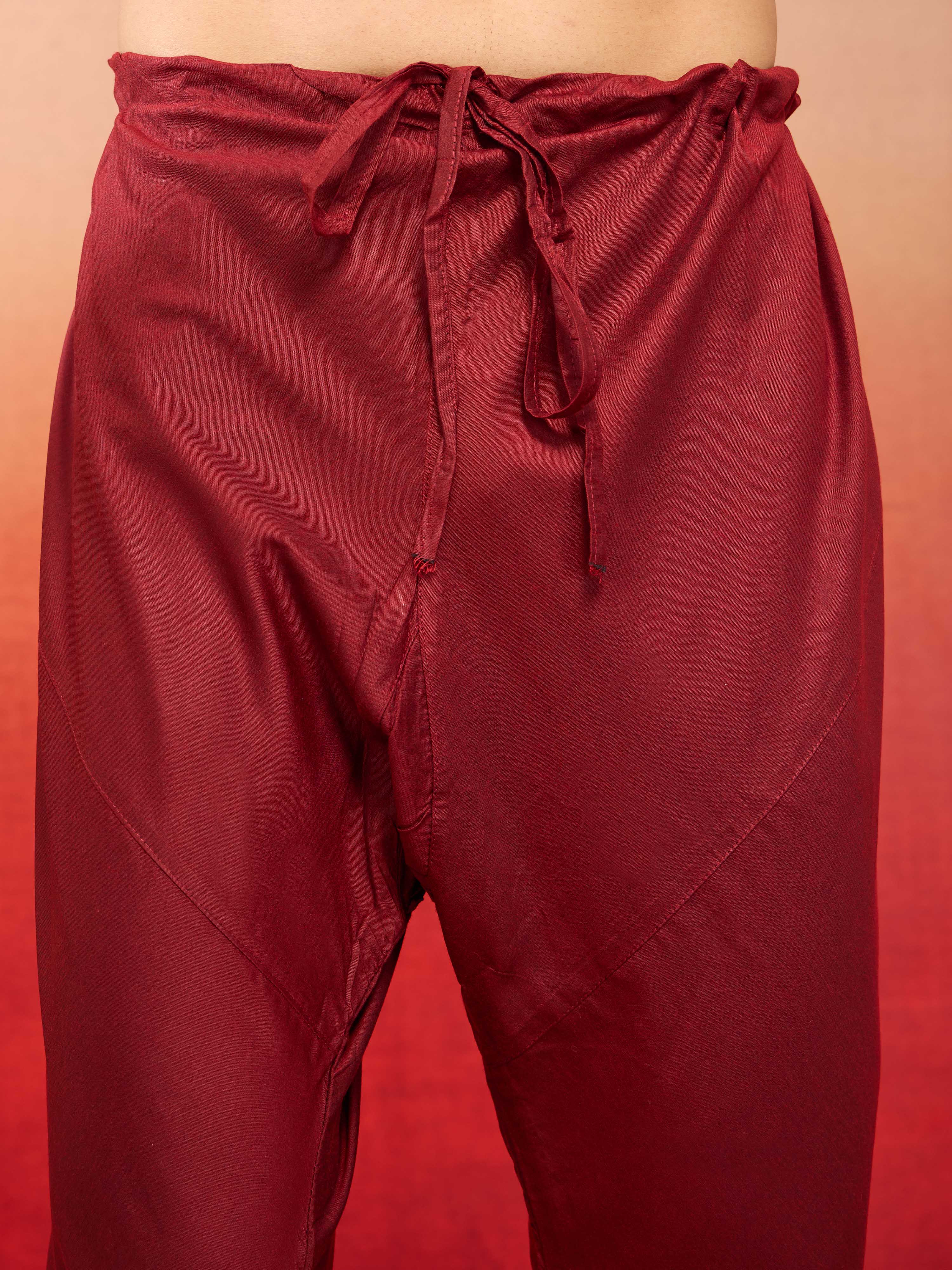 Men's Cream Embroidered Kurta with Maroon Churidar and Mirror Work Dupatta Set - Image 6