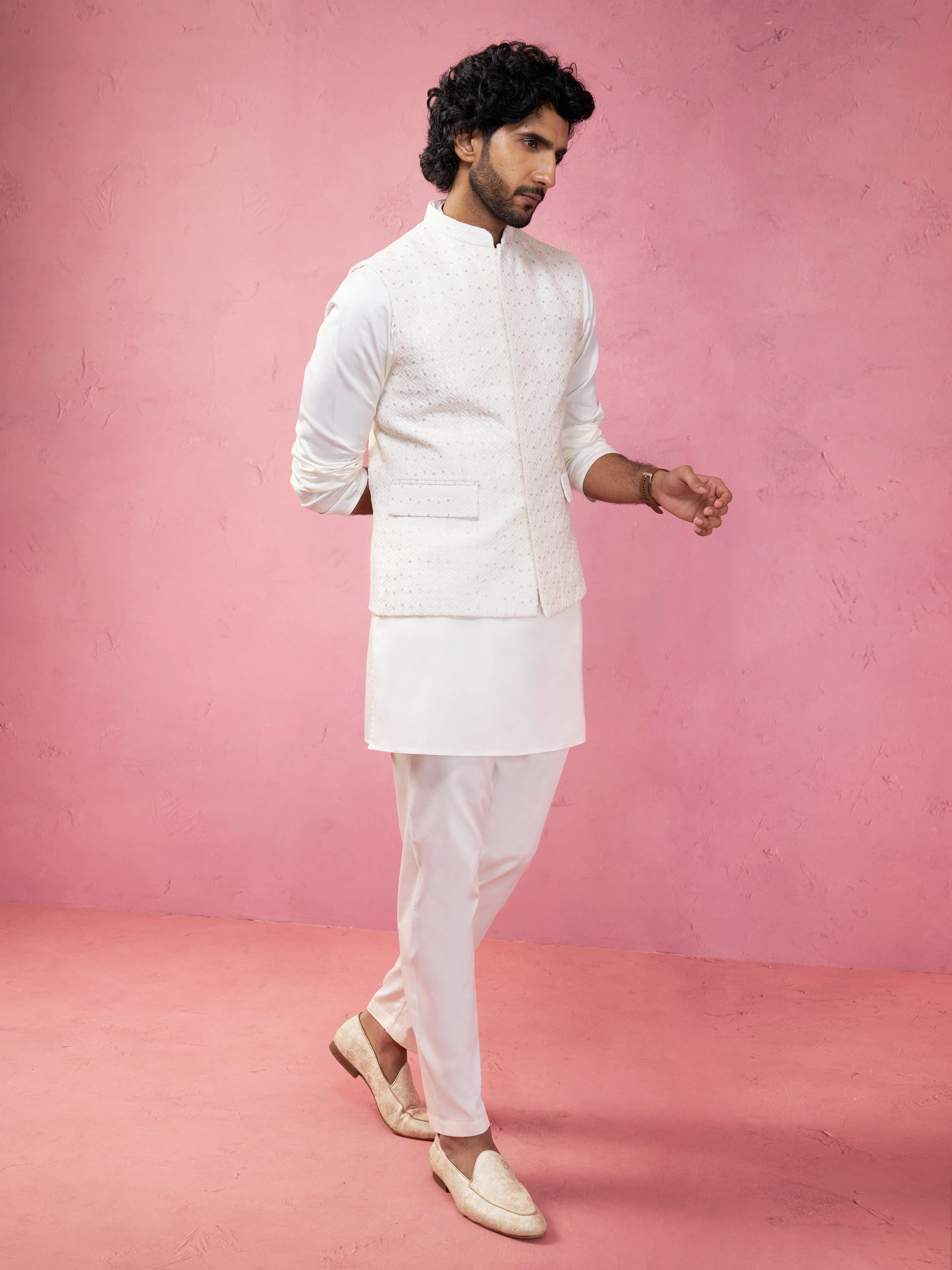 Men's Cream Embroidered Nehru Jacket with Kurta Pyjama - Image 3