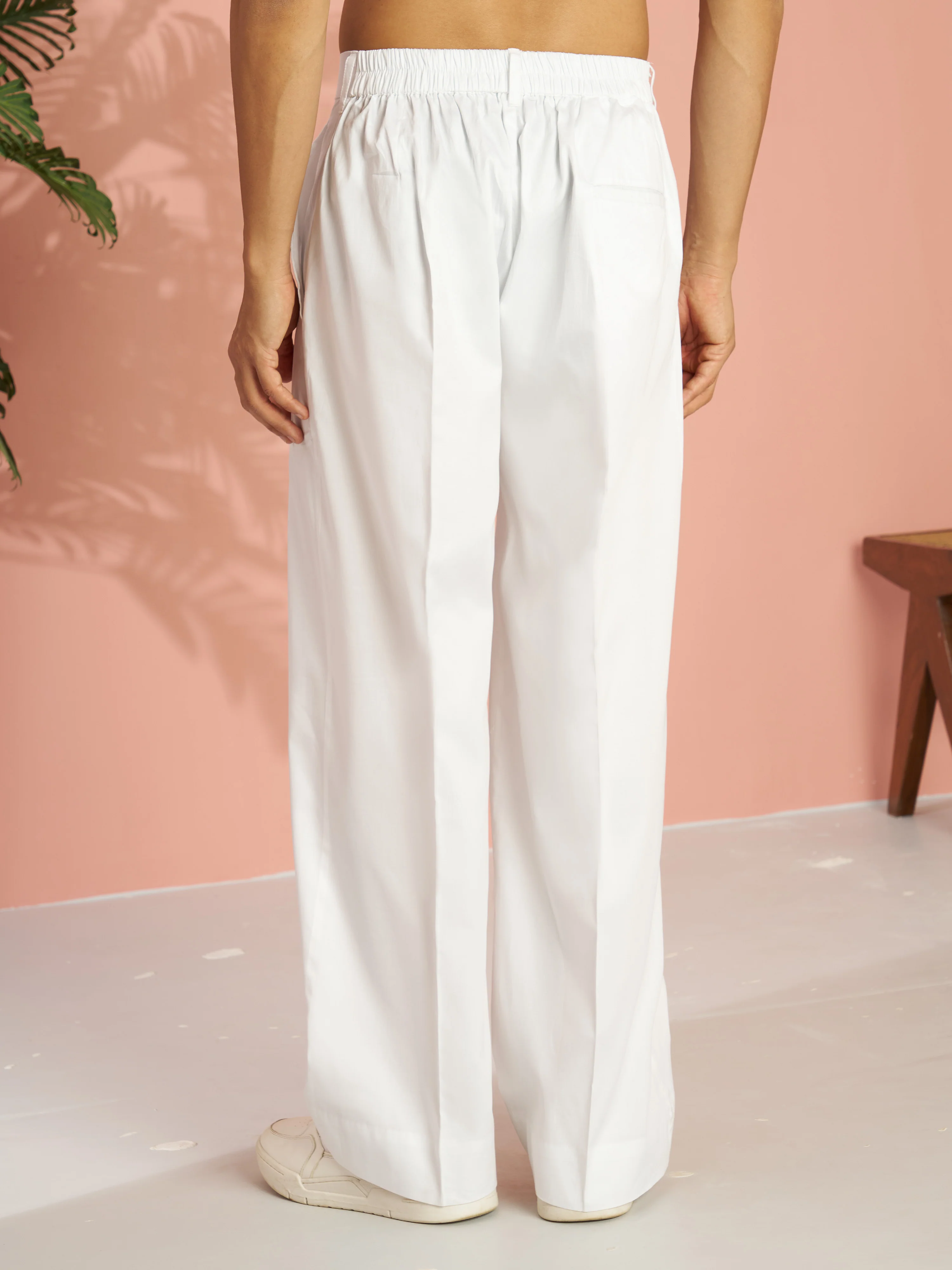 Men's Cream Fine Satin Solid Wide Leg Pant with Elasticated Waist - Image 4