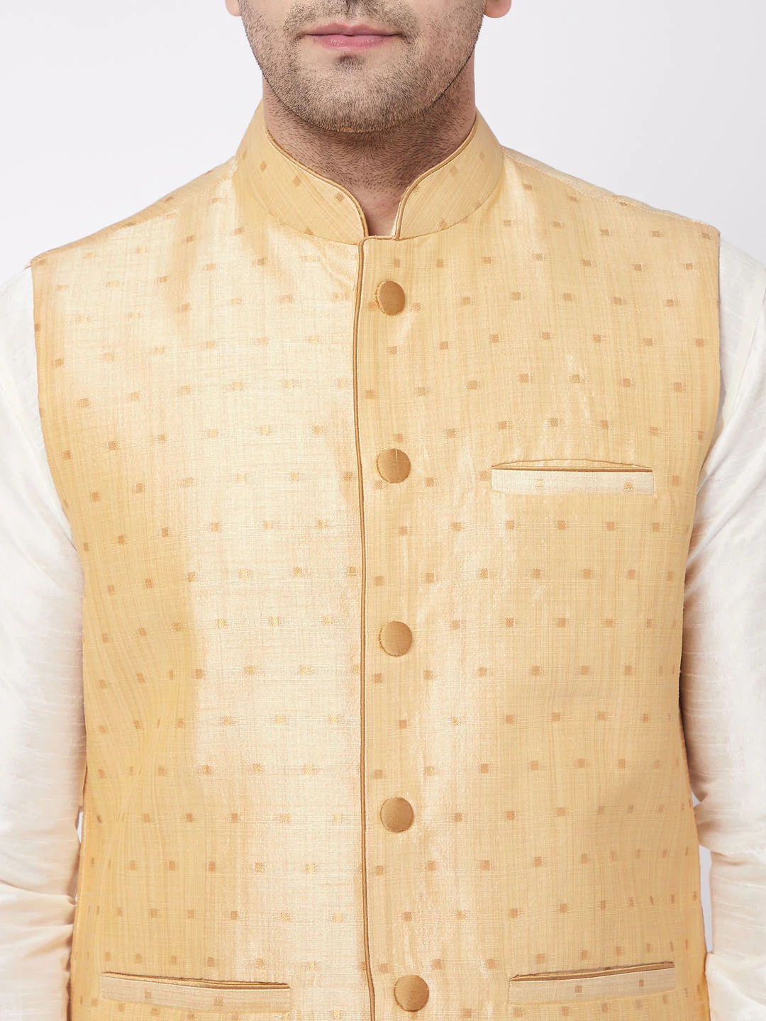 Men's Gold Zari Weaved Jacket With Kurta Pyjama Set - Image 4
