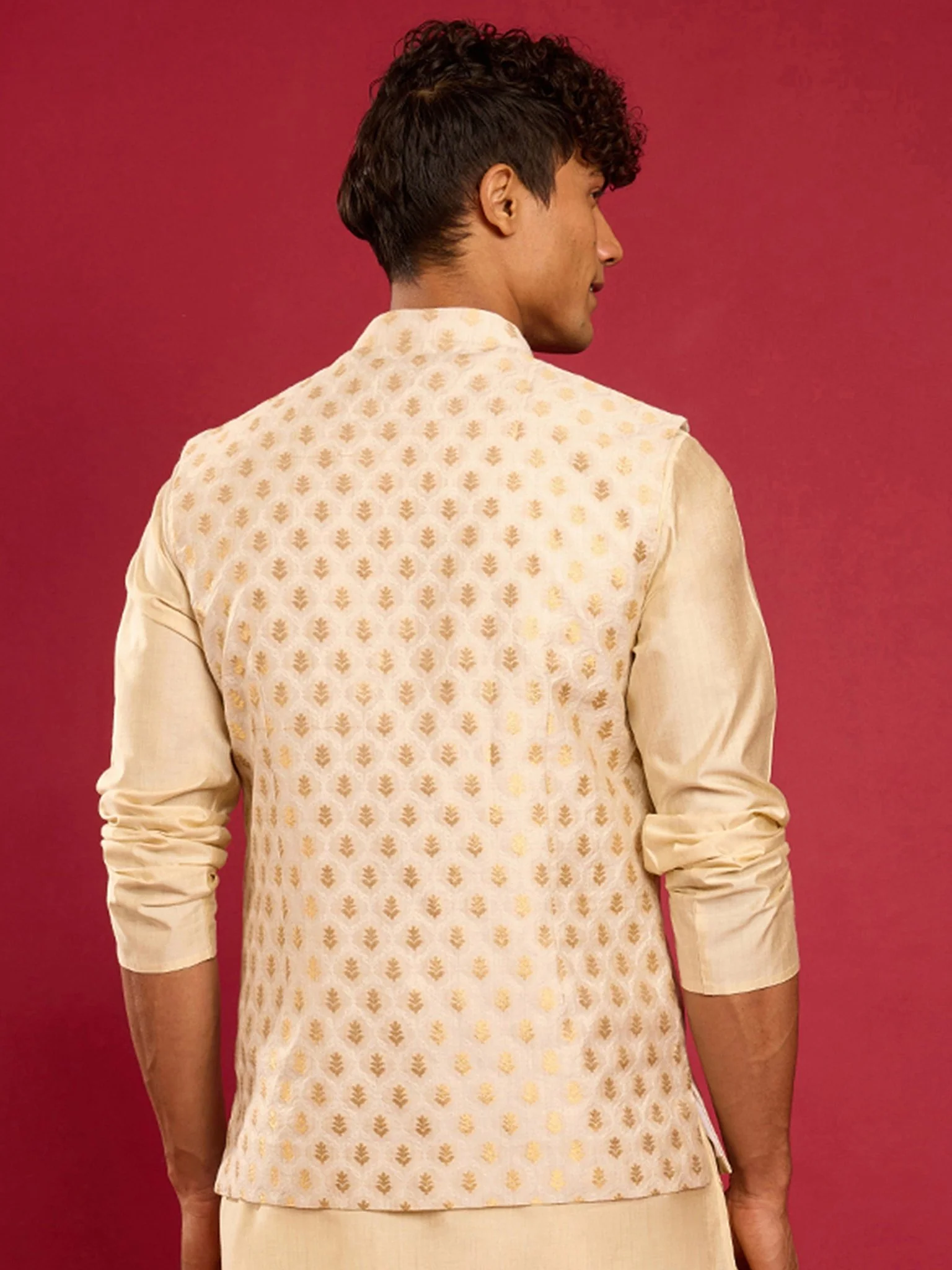 Men's Cream Silk Blend Nehru Jacket - Image 5