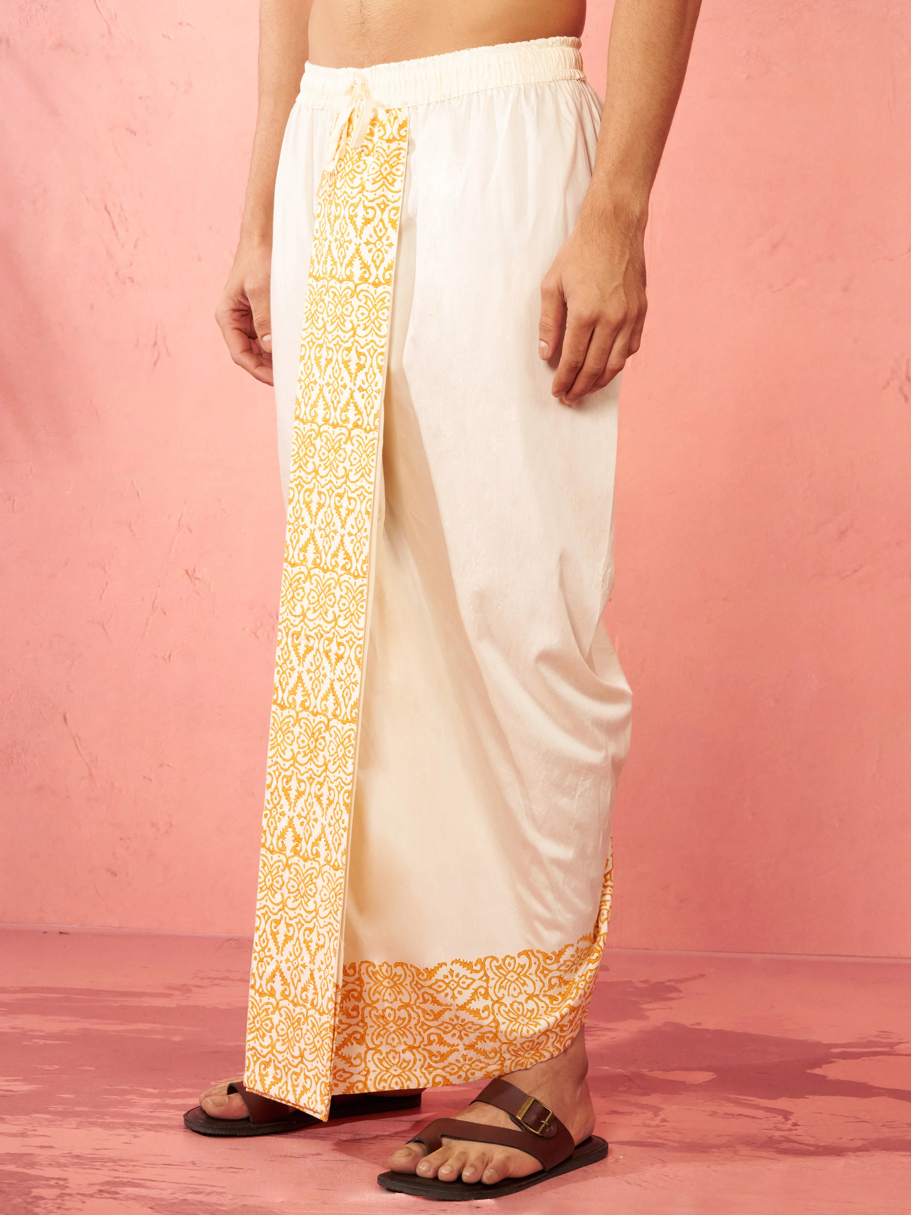 Men's Cream Viscose Dhoti Screen Print Ethnic - Image 3