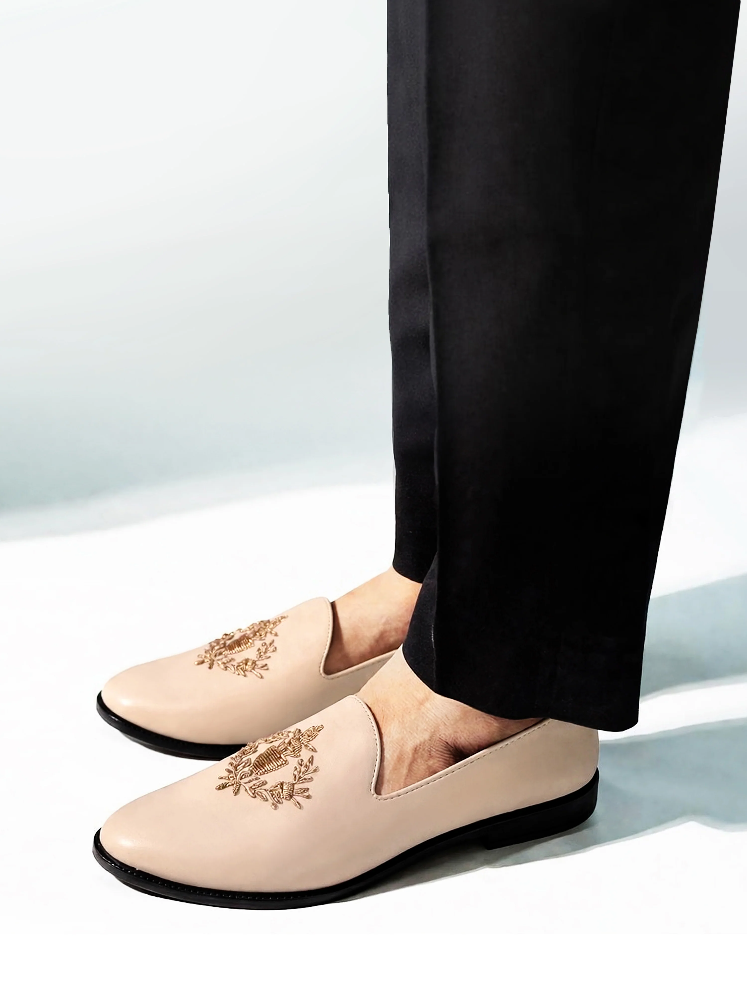 Men's Cream Zardozi Crest Loafer | Gold Laurel Wreath Embroidery | Faux Leather Matte Finish | Almond Toe | TPR Sole | All Season - Image 3