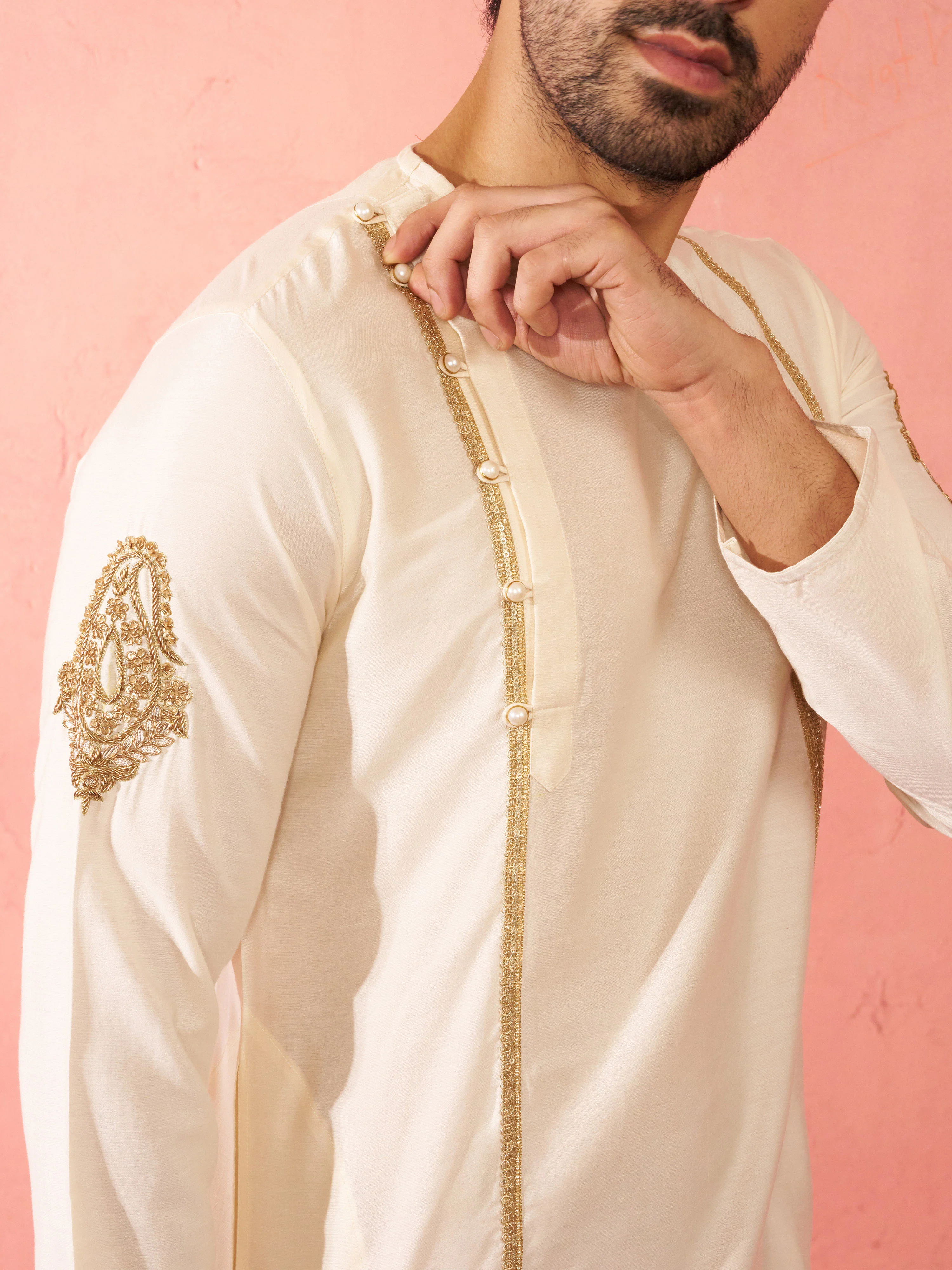 Men's Cream Zardozi Kurta Pant Set - Image 2