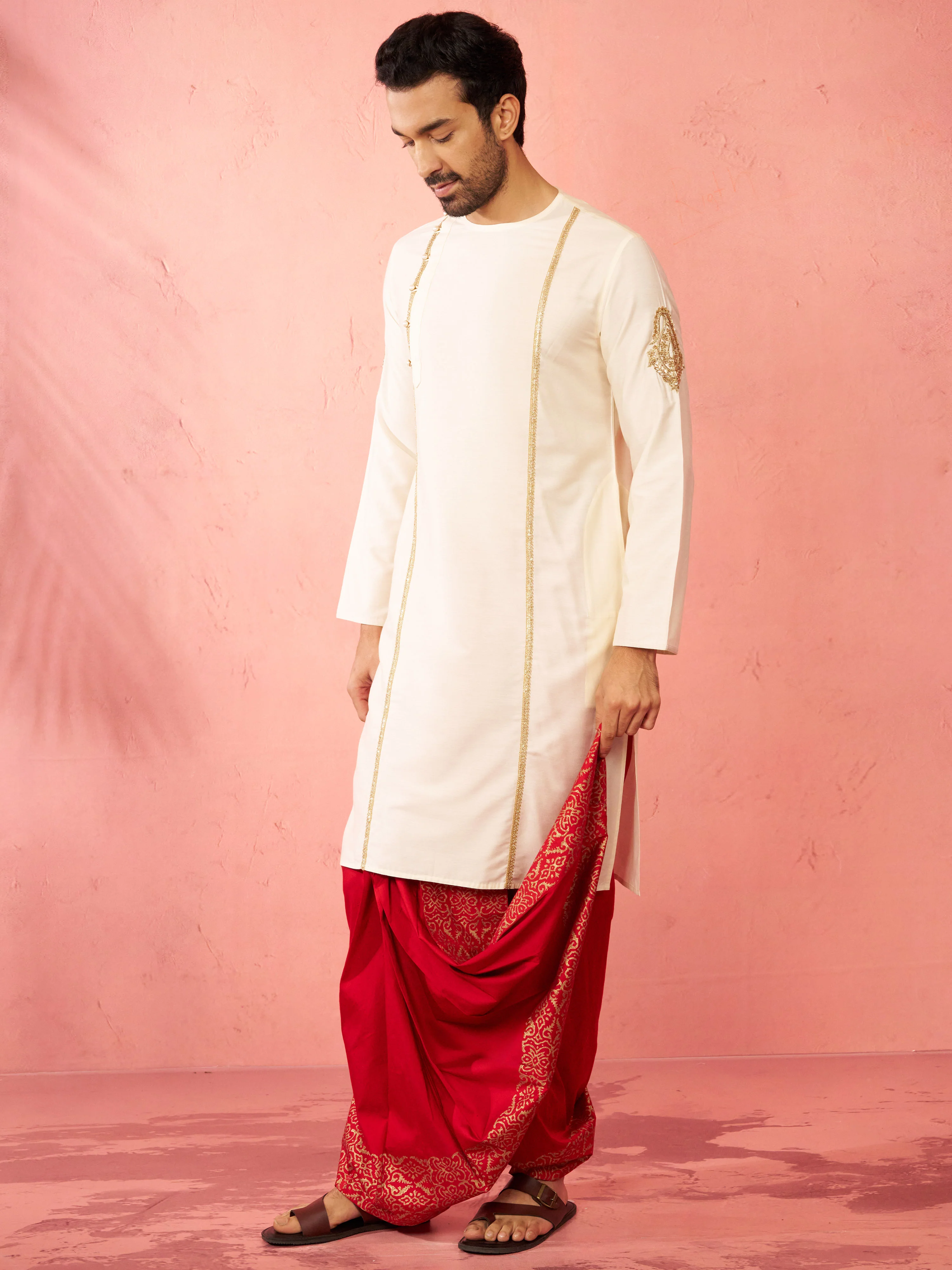 Men's Cream Zardozi Kurta Red Dhoti Set - Image 4