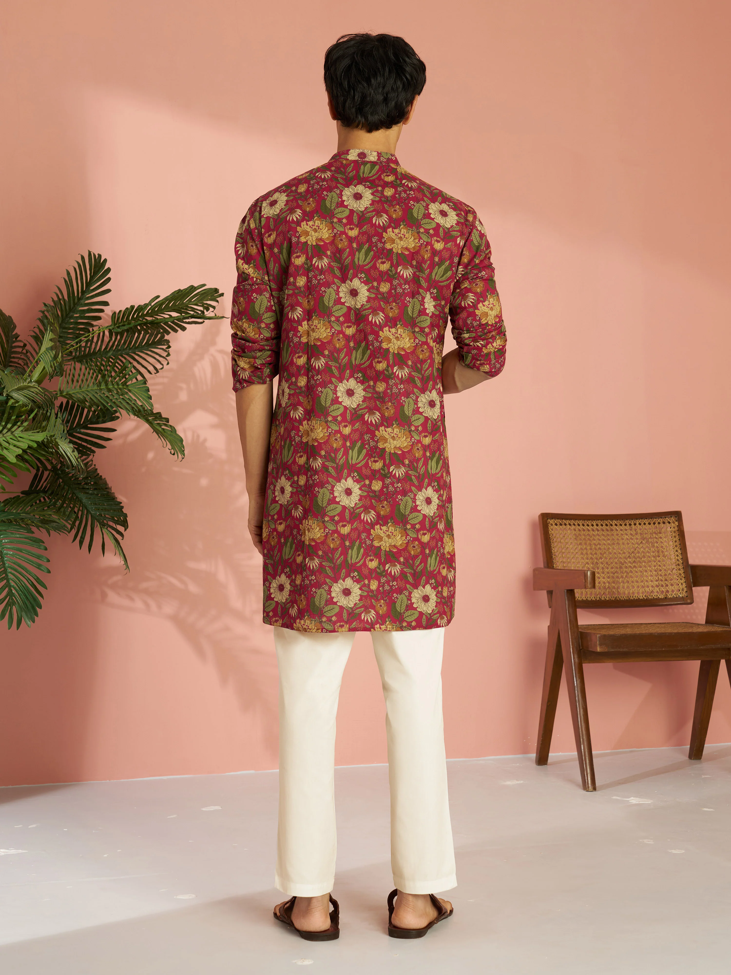 Men's Falsa Cotton Floral Printed Kurta with Cream Aligarh Pyjama Set - Image 5