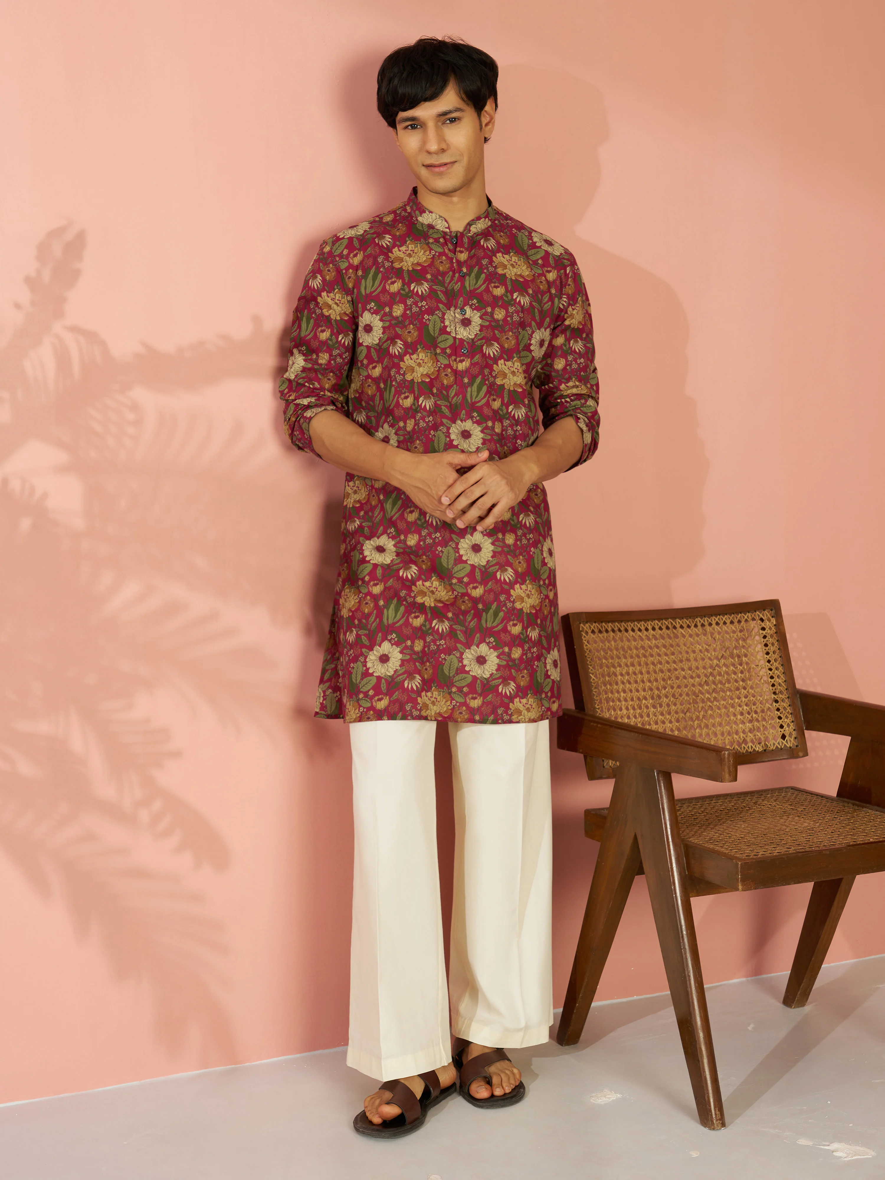 Men's Falsa Cotton Floral Printed Kurta with Cream Wide Leg Pant Set