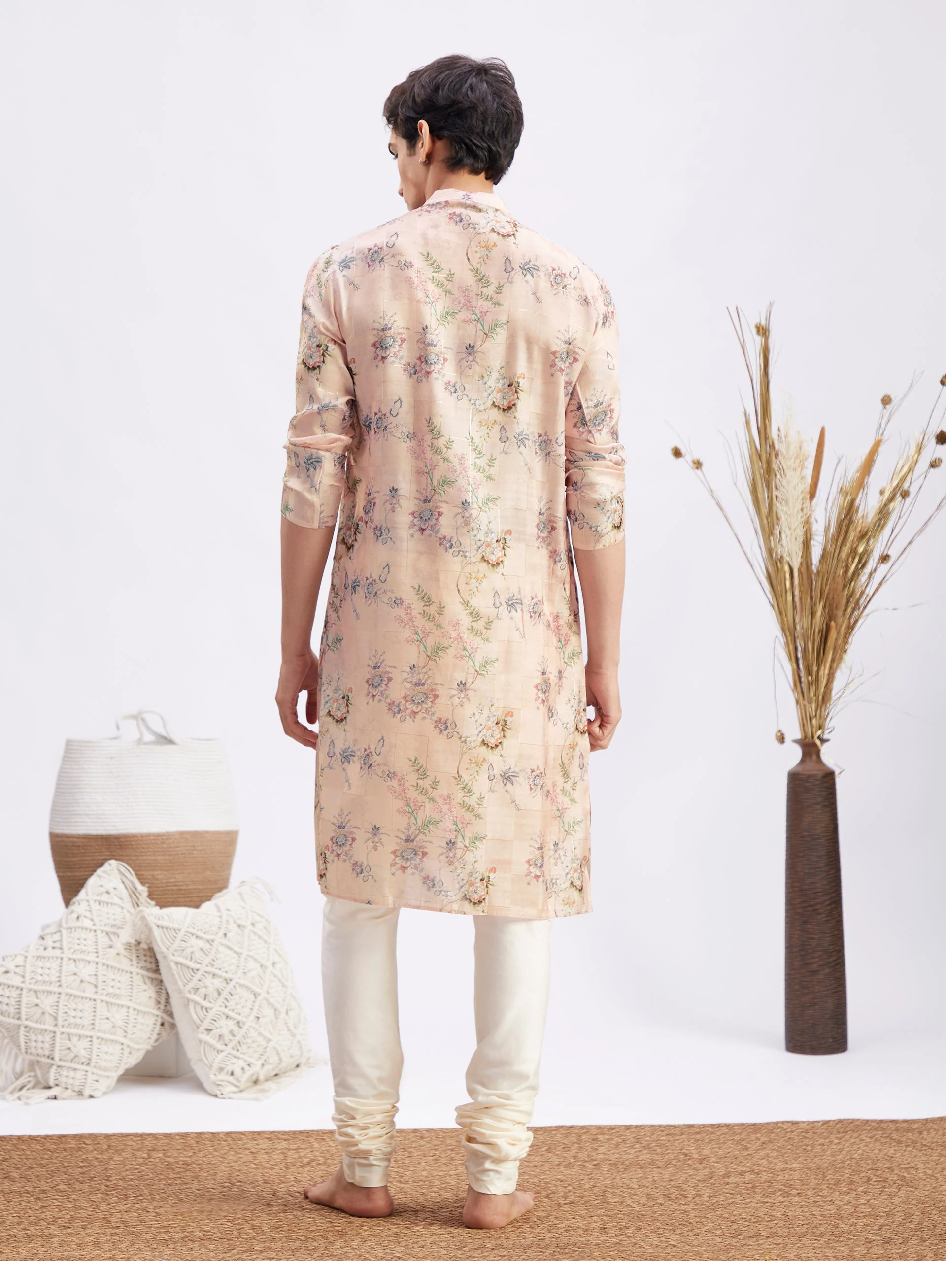 Men's Pink Floral Printed Silk Blend Kurta Pyjama Set - Image 3