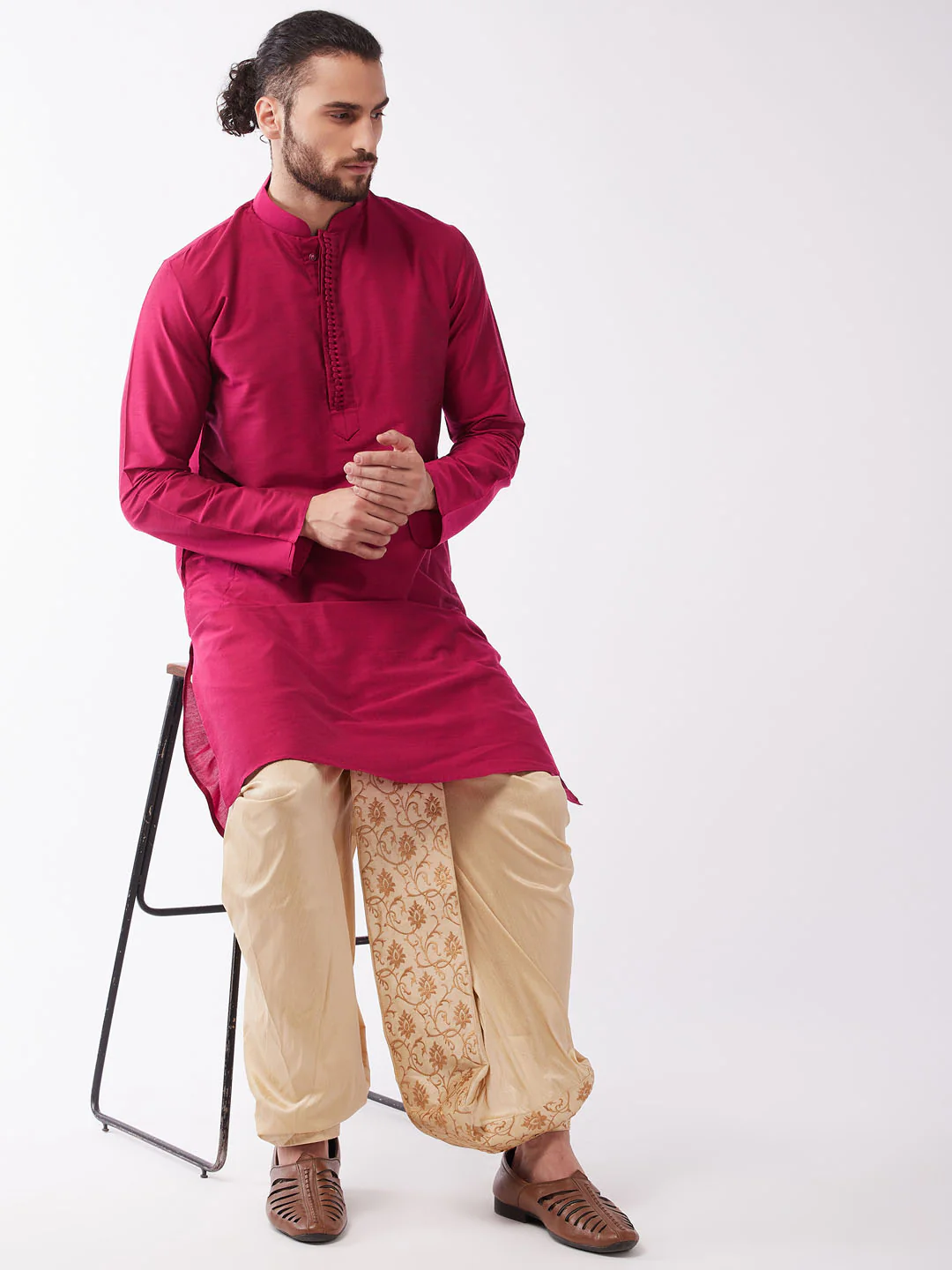 Men's Fuchsia Pink And Gold Cotton Silk Blend Kurta And Dhoti Set - Image 5