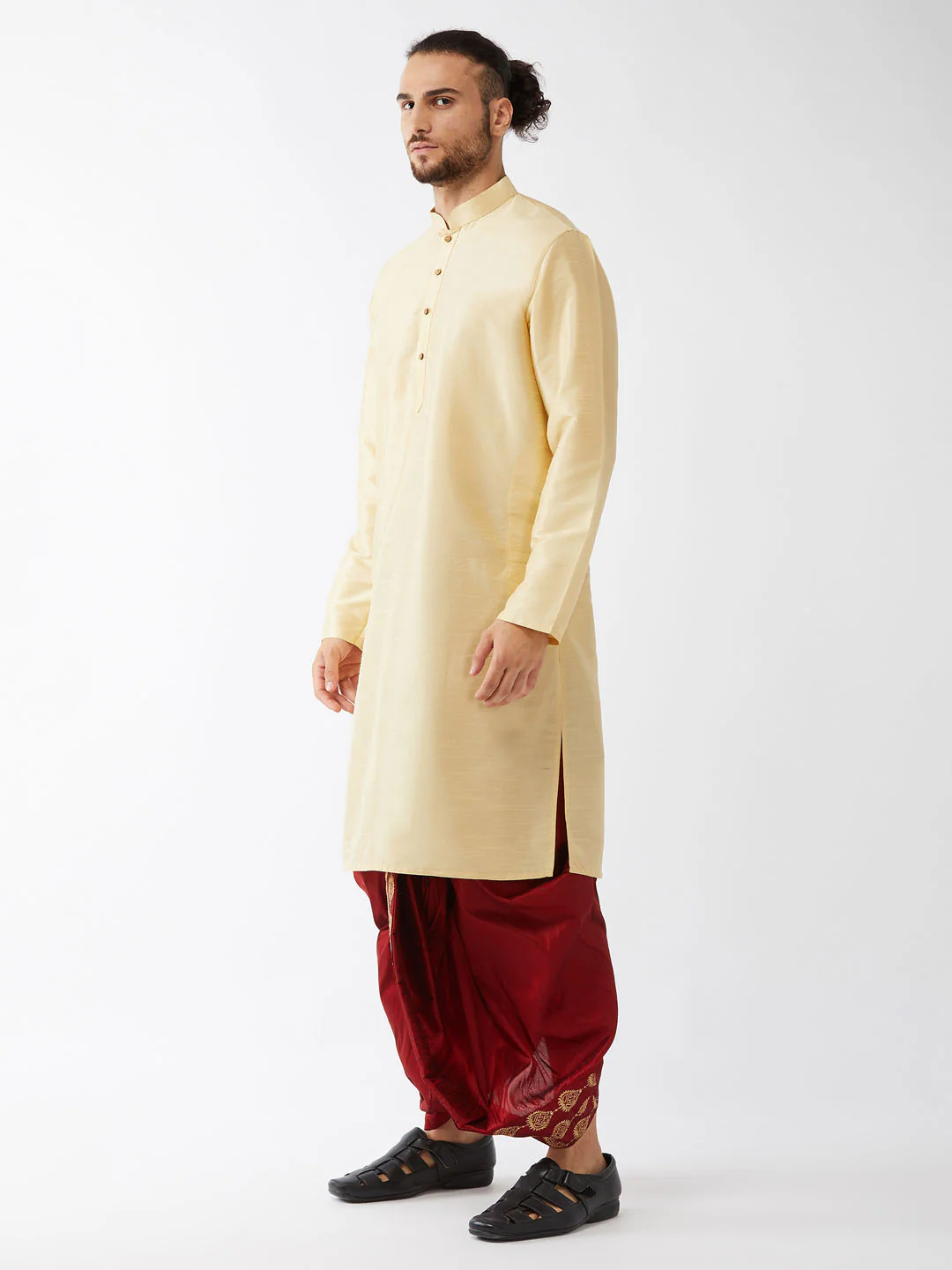 Men's Gold And Maroon Cotton Silk Blend Kurta And Dhoti Set - Image 2