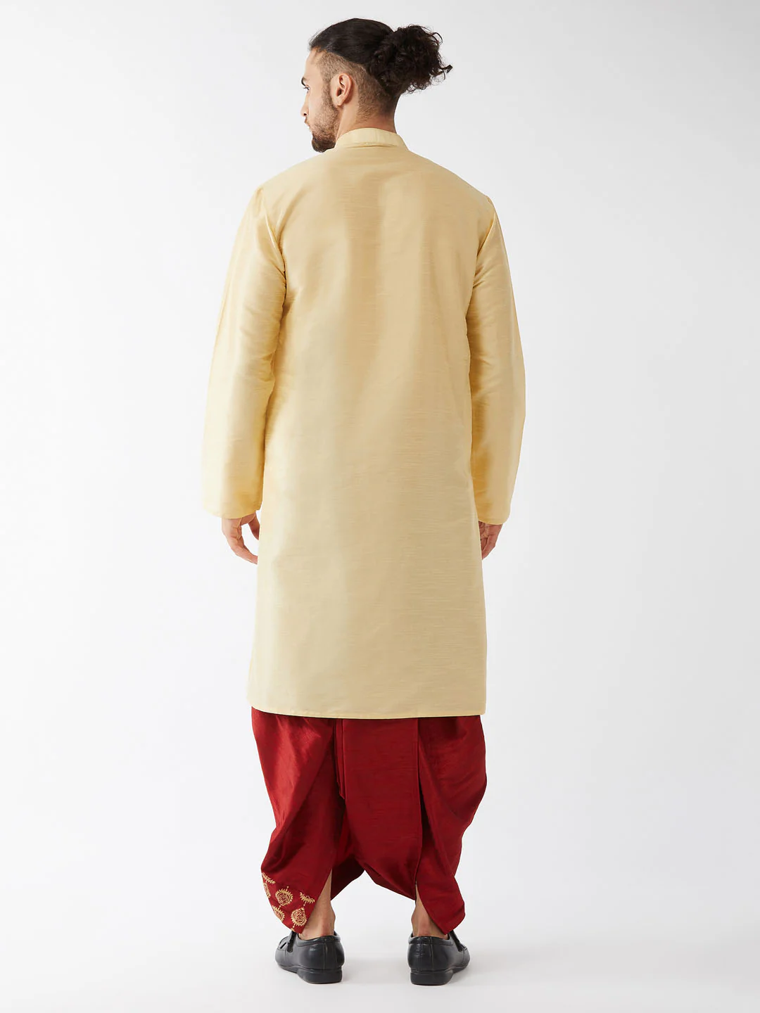 Men's Gold And Maroon Cotton Silk Blend Kurta And Dhoti Set - Image 3