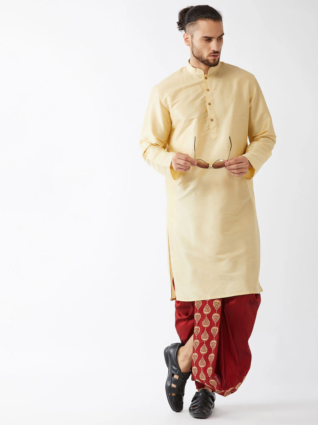 Men's Gold And Maroon Cotton Silk Blend Kurta And Dhoti Set - Image 6
