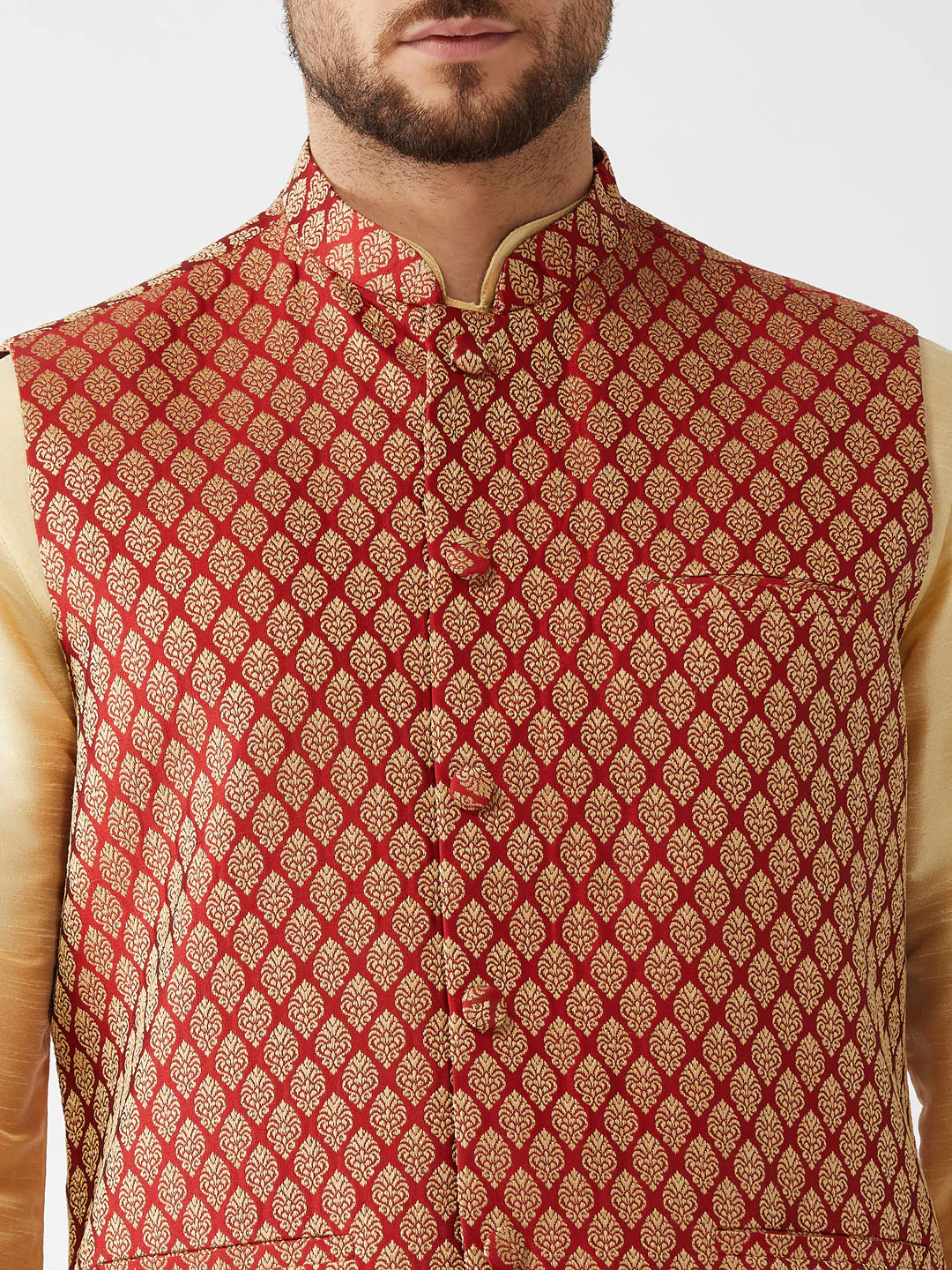 Men's  Maroon Silk Blend Ethnic Jacket, Gold Kurta And Maroon Pyjama Set - Image 4