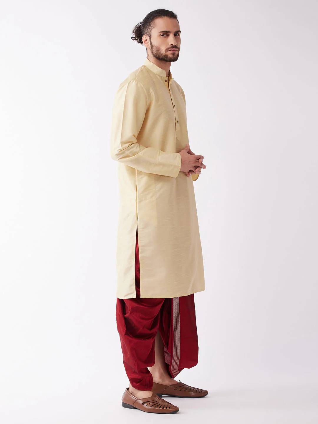 Men's Gold And Maroon Silk Blend Kurta And Dhoti Set - Image 2