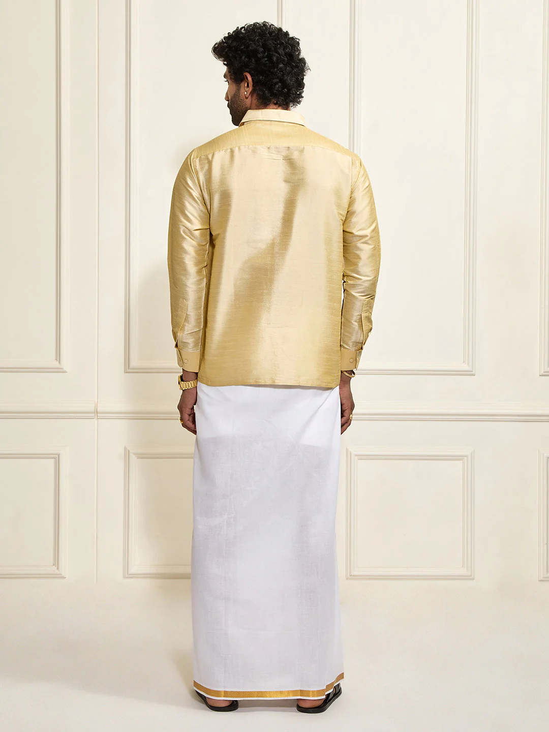 Men's Gold Silk Blend Shirt And Mundu - Image 4