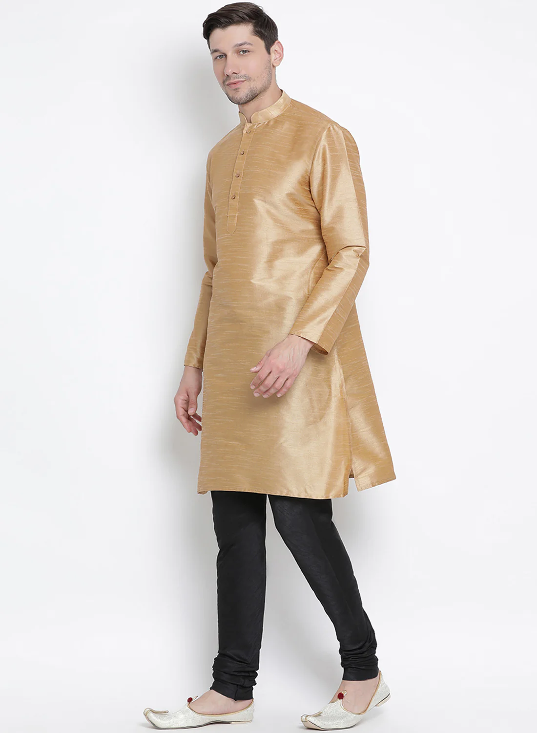 Men's Gold Cotton Silk Blend Kurta and Pyjama Set - Image 2
