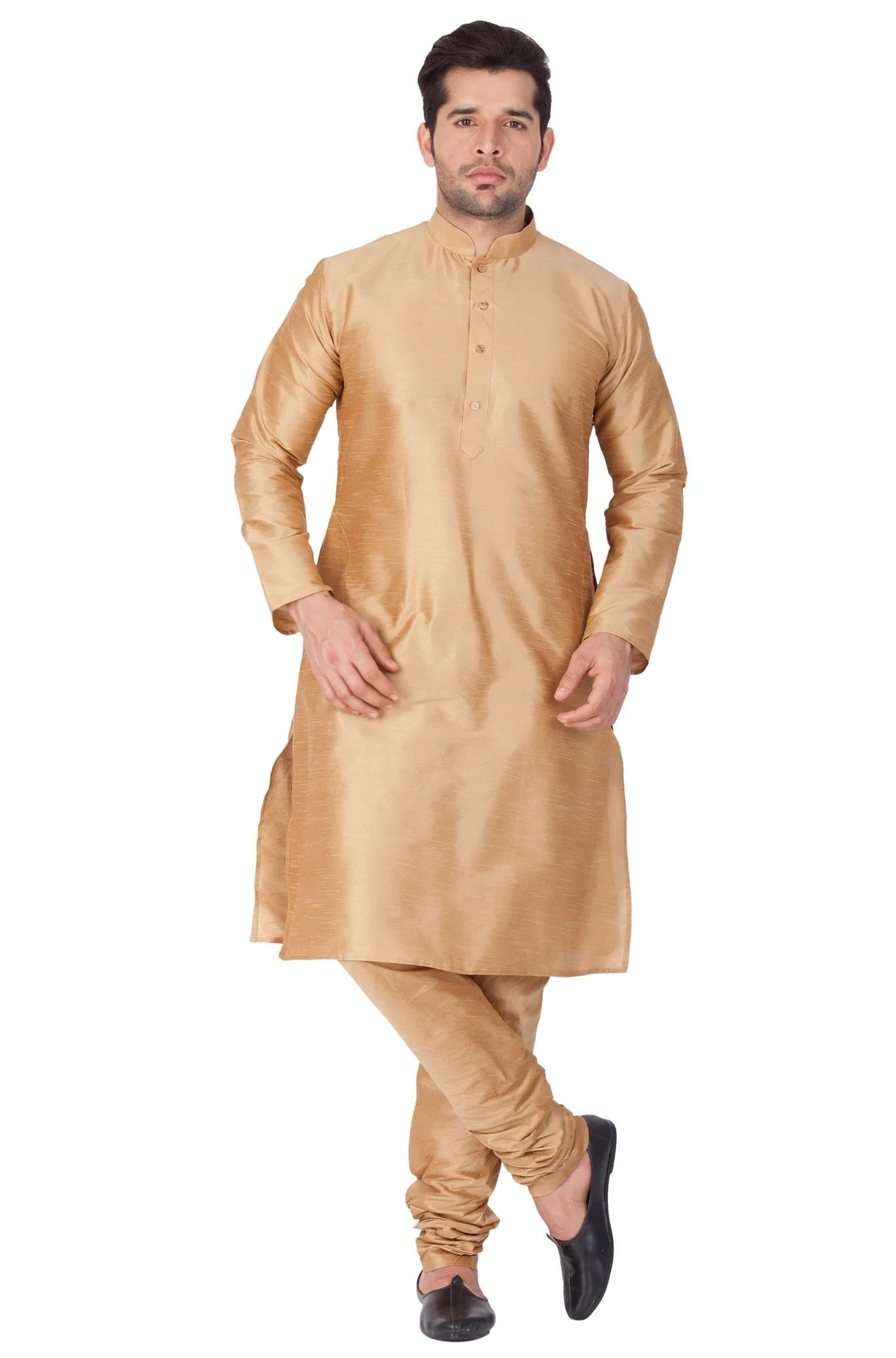 Men's Gold Cotton Silk Blend Kurta and Pyjama Set - Image 2